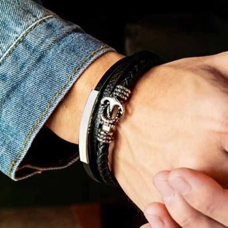 Vintage Metal Anchor Multilayer Leather Bracelet Genuine Leather Size ONE SIZE - 2 Thumbnail