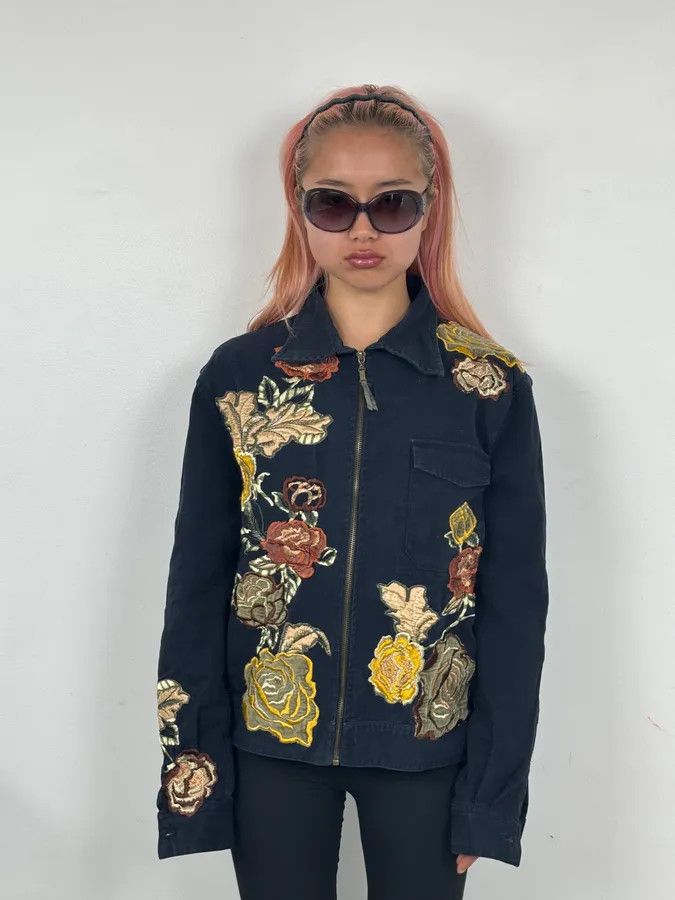 Roberto Cavalli 2000s Roberto Cavalli Navy Embroidered Floral Jacket Size US XS / EU 42 / 0 - 2 Thumbnail