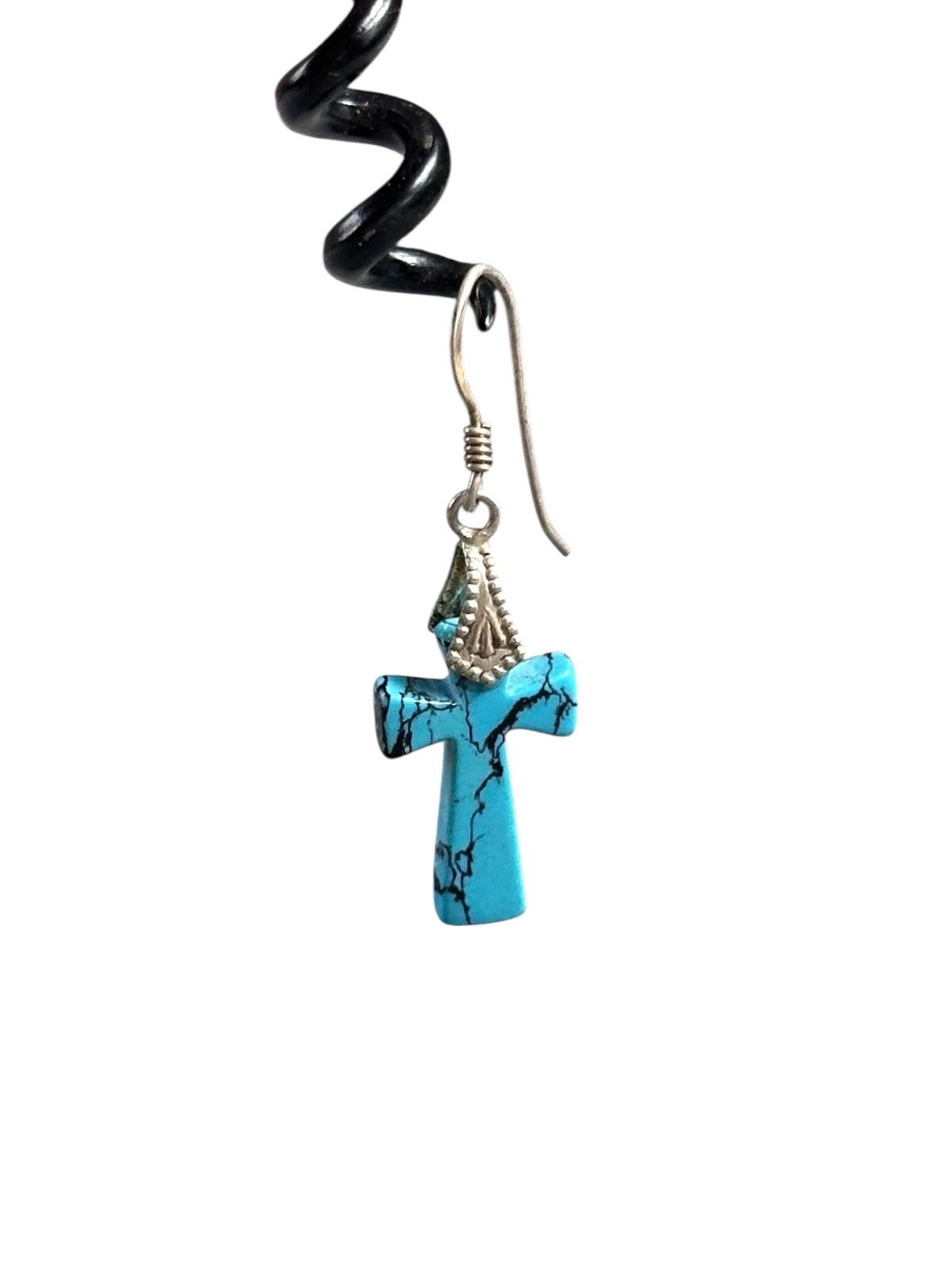 Vintage 00s JAPANESE MADE SILVER HOOK TURQUOISE CROSS SINGLE EARRING Size ONE SIZE - 1 Thumbnail
