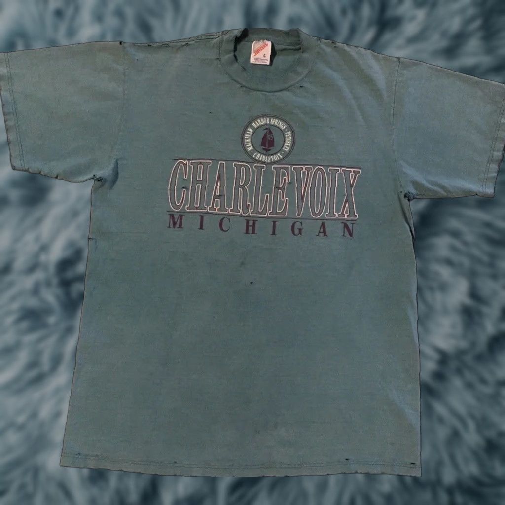Thrasher VINTAGE Destroyed T-Shirt Men S Blue 90s Michigan Charlevoix Thrashed Faded Distressed 80s Punk Grunge Surf Skate USA Blood/Spotting? Size US S / EU 44-46 / 1 - 1 Thumbnail