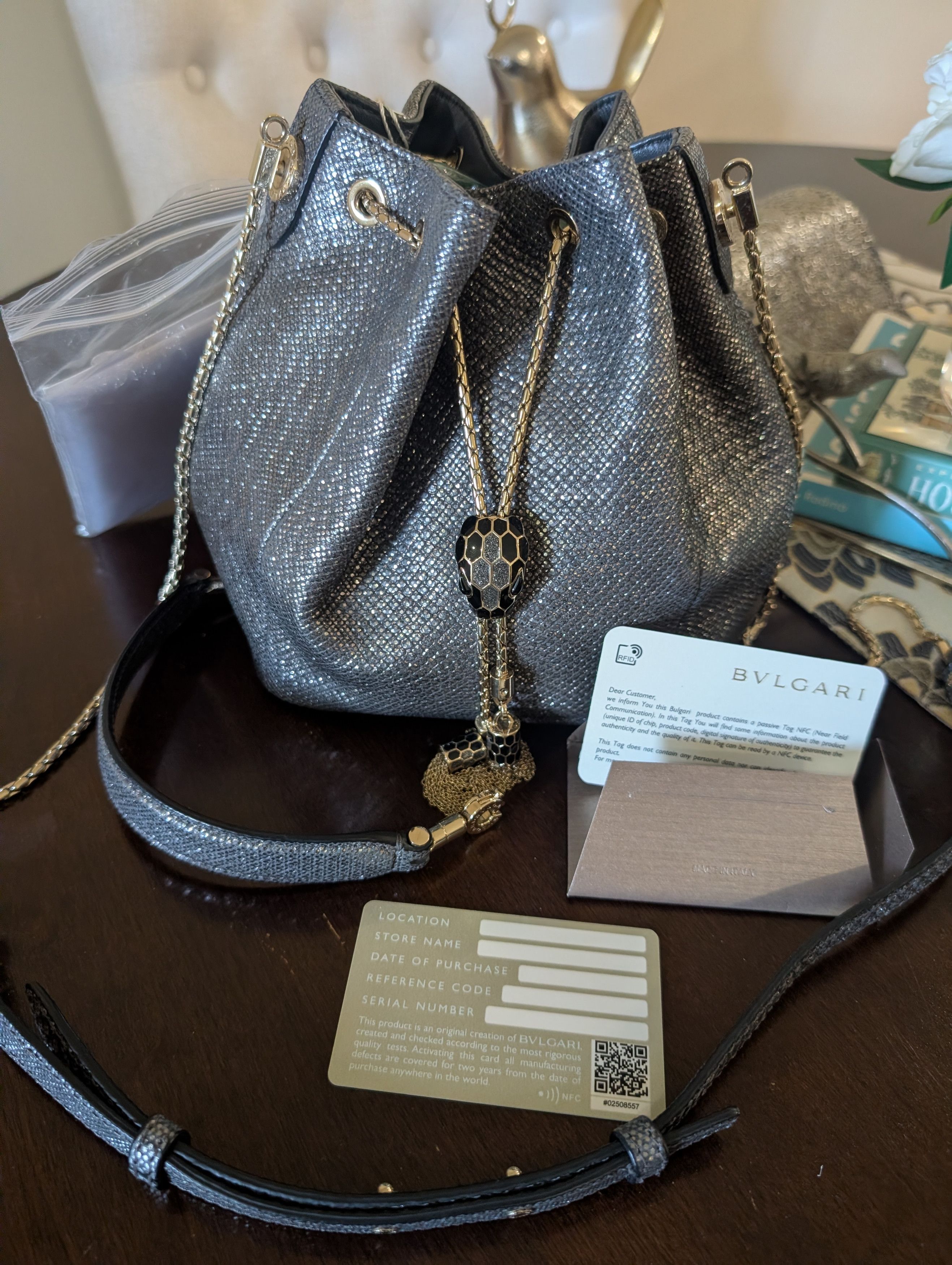 Bvlgari Bvlgari Silver Bucket Drawstring Bag Gold Chain Strap Tassel Size ONE SIZE - 11 Thumbnail