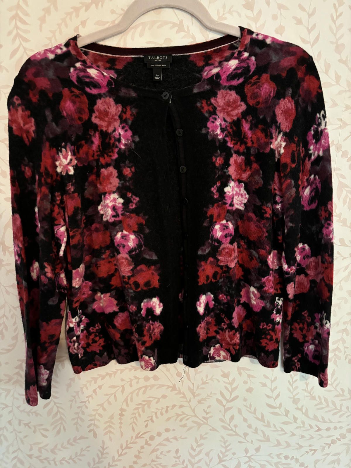Designer 100% Merino Wool Talbots Women's Floral Cardigan Size L / US 10 / IT 46 - 1 Thumbnail