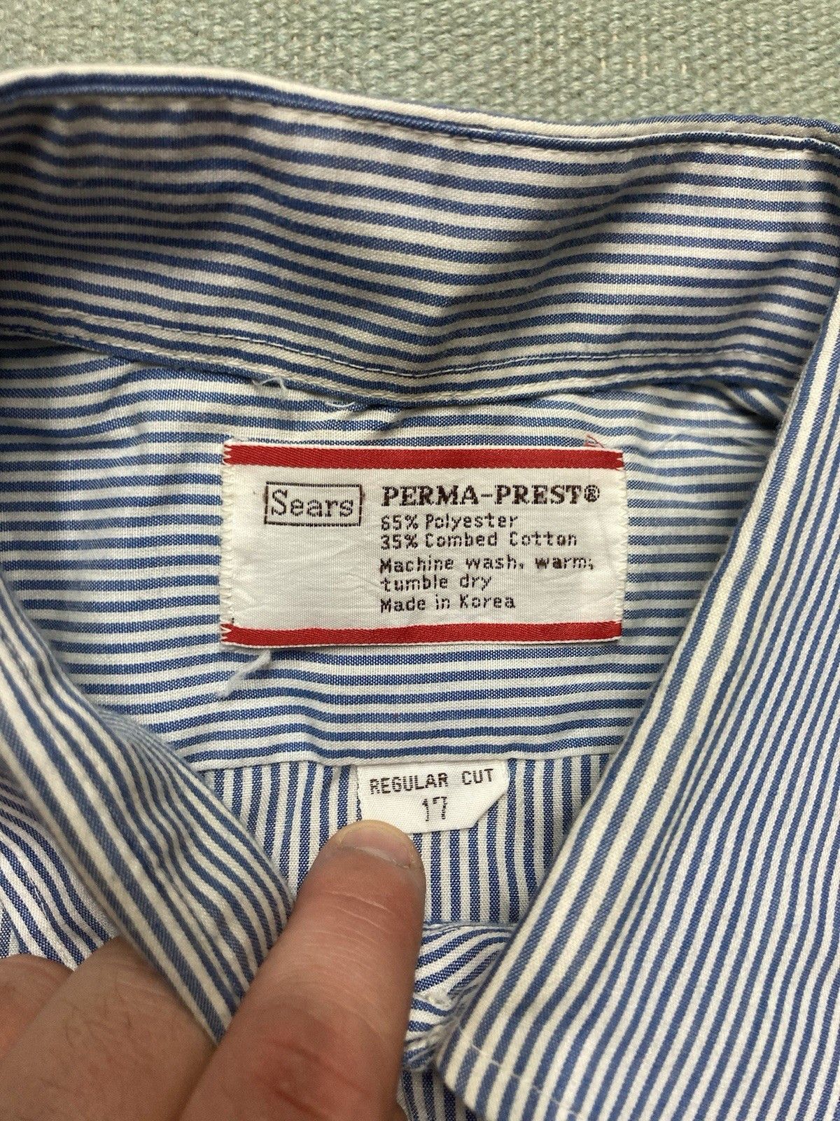 Vintage 80s button shirt Sears poly cotton pinstripe blue men’s XL Size US XL / EU 56 / 4 - 4 Thumbnail