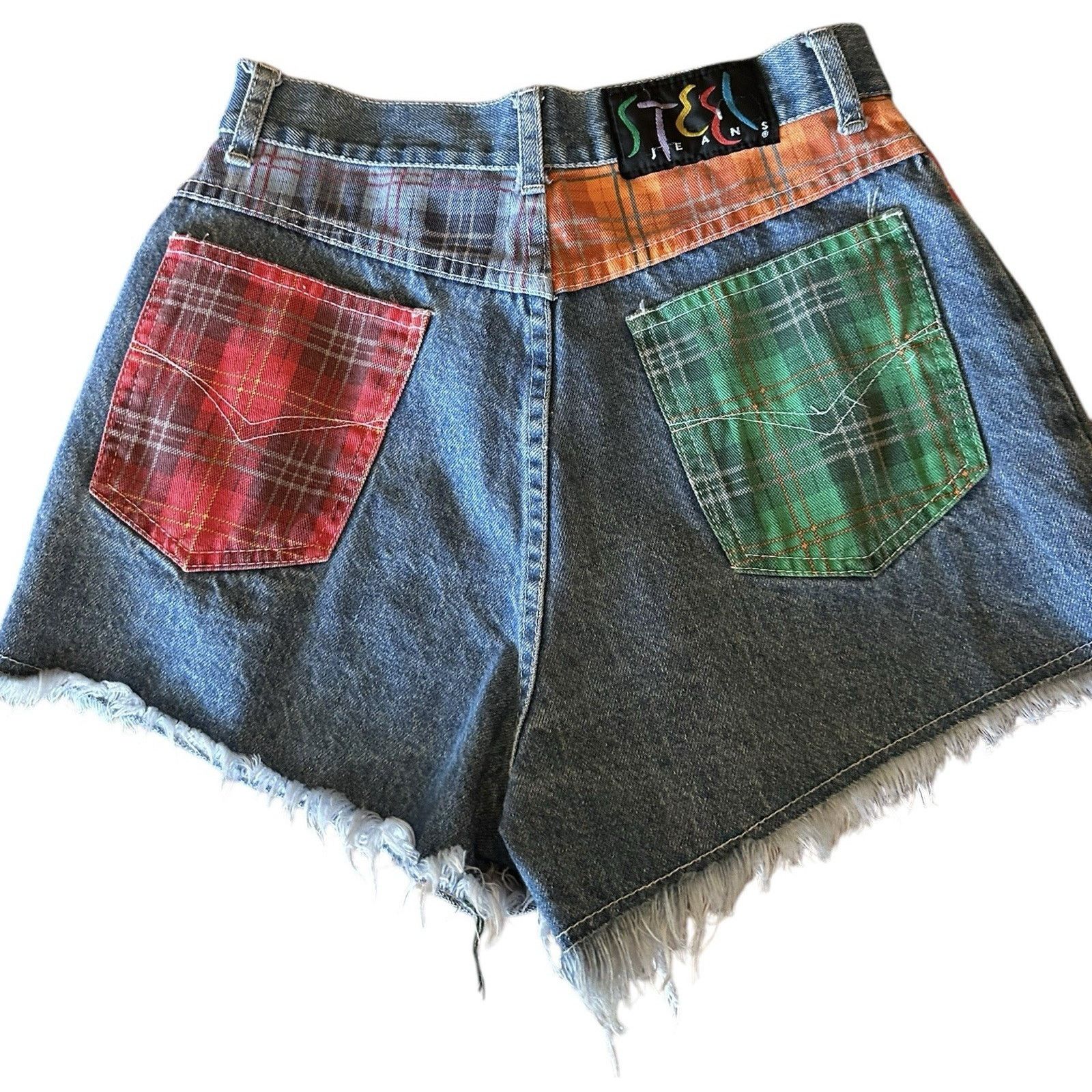 Other Vtg 90s Y2K Steel Denim Jean Shorts Plaid Pockets High Rise Size 26" / US 2 / IT 38 - 5 Thumbnail