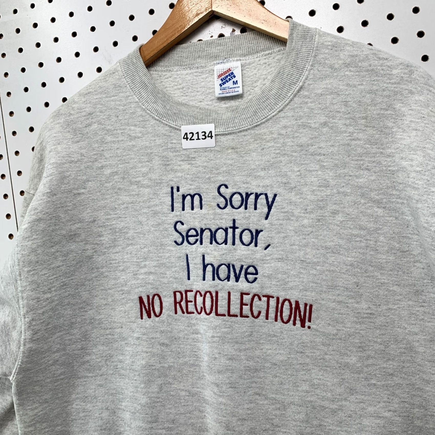 Jerzees Vintage Funny Crewneck Sweatshirt Mens Medium Gray Sorry Senator Recollection 21x26 Size US M / EU 48-50 / 2 - 5 Thumbnail