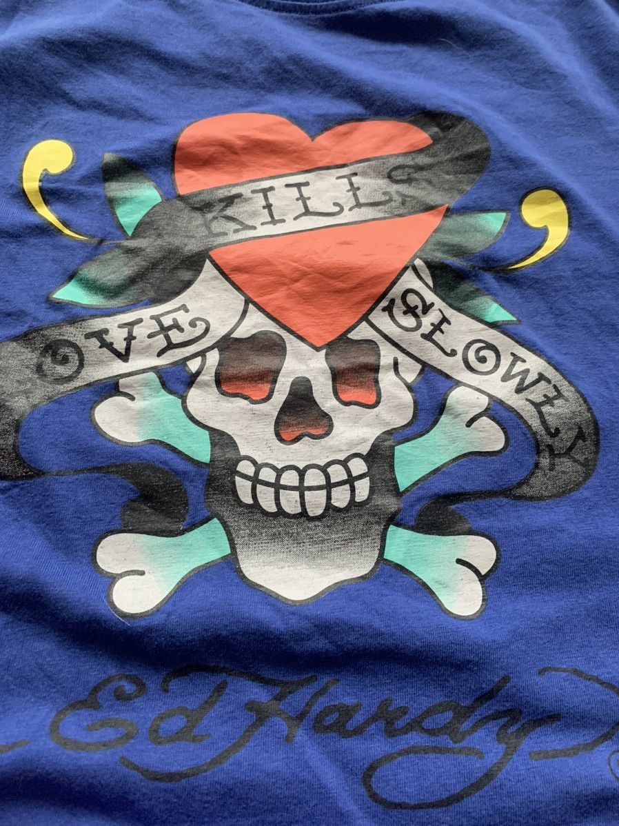 Christian Audigier × Ed Hardy Vintage 00s Ed Hardy Big Skull Logo Crazy Y2K Blue T Shirt Size US M / EU 48-50 / 2 - 3 Thumbnail