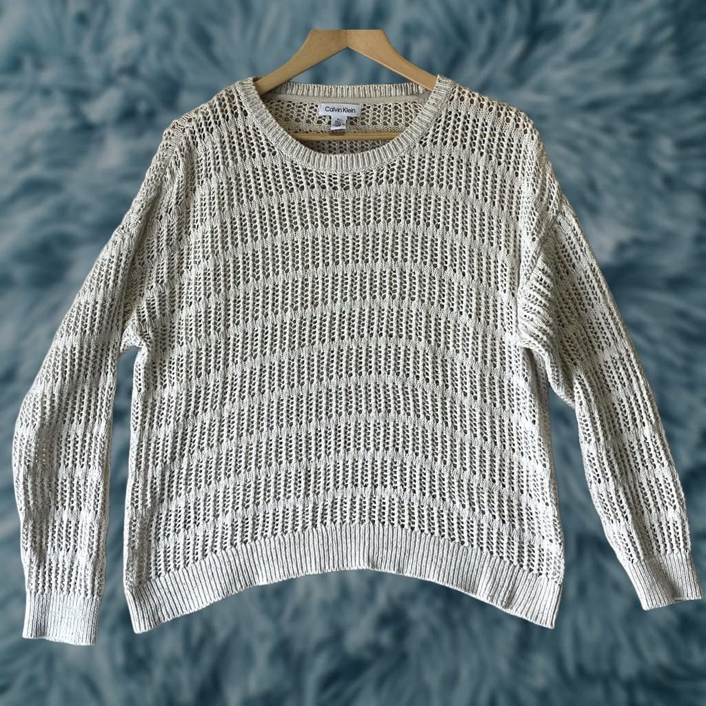 Vintage Calvin Klein Jeans Sweater Beige Open-Knit Crew Neck Long Sleeve XL Women Pullover Lightweight Casual Knit Shirt-esque Size XL / US 12-14 / IT 48-50 - 1 Thumbnail
