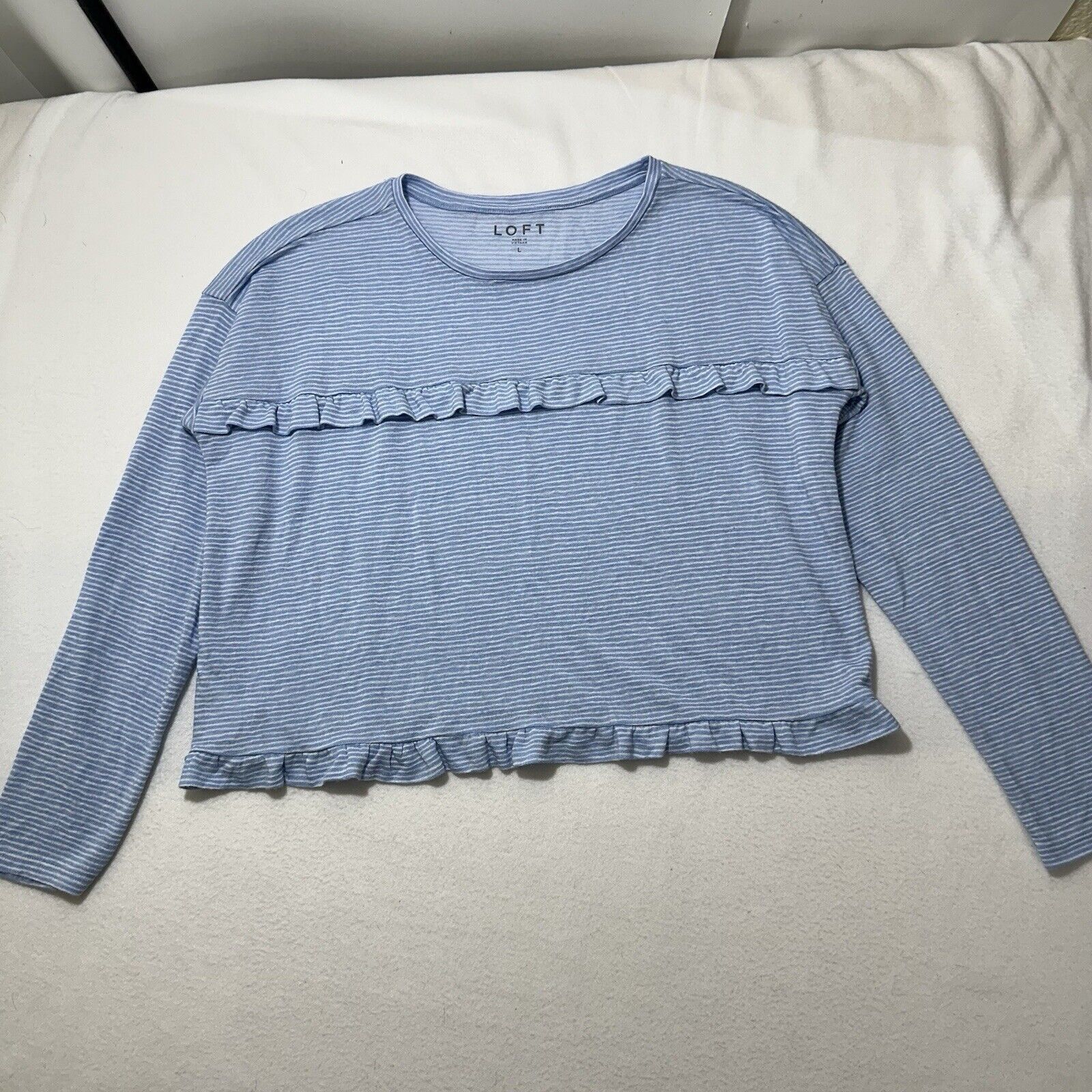 Loft LOFT Large Blue White Striped Long Sleeve Ruffle T Shirt Size L / US 10 / IT 46 - 1 Thumbnail
