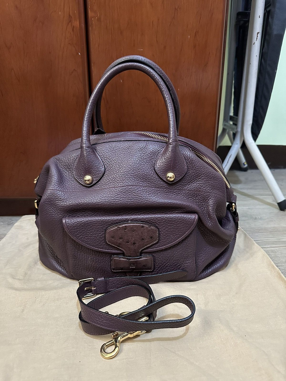 image of Loewe Prune Calf May Ostrich Flap in Purple, Women's