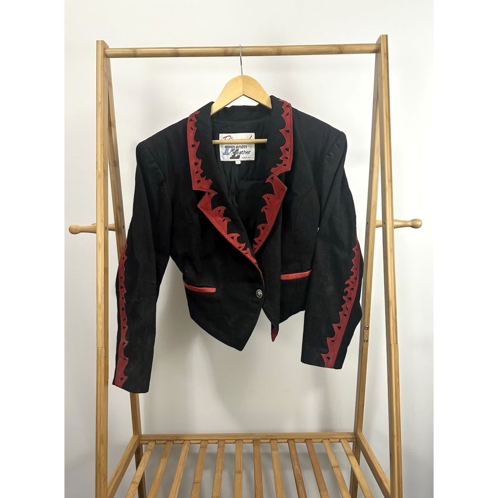Denime VTG Diamond Denim Leather Trim Western Cropped Jacket Black 10 Womens Shirt Hoodie? Size L / US 10 / IT 46 - 2 Thumbnail