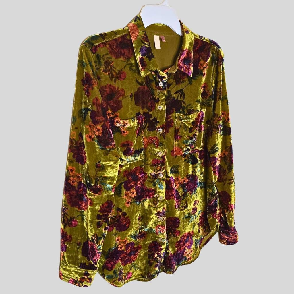 Anthropologie Anthropologie Pilcro Velvet Button Down Shirt Green Floral R Size M / US 6-8 / IT 42-44 - 15 Thumbnail