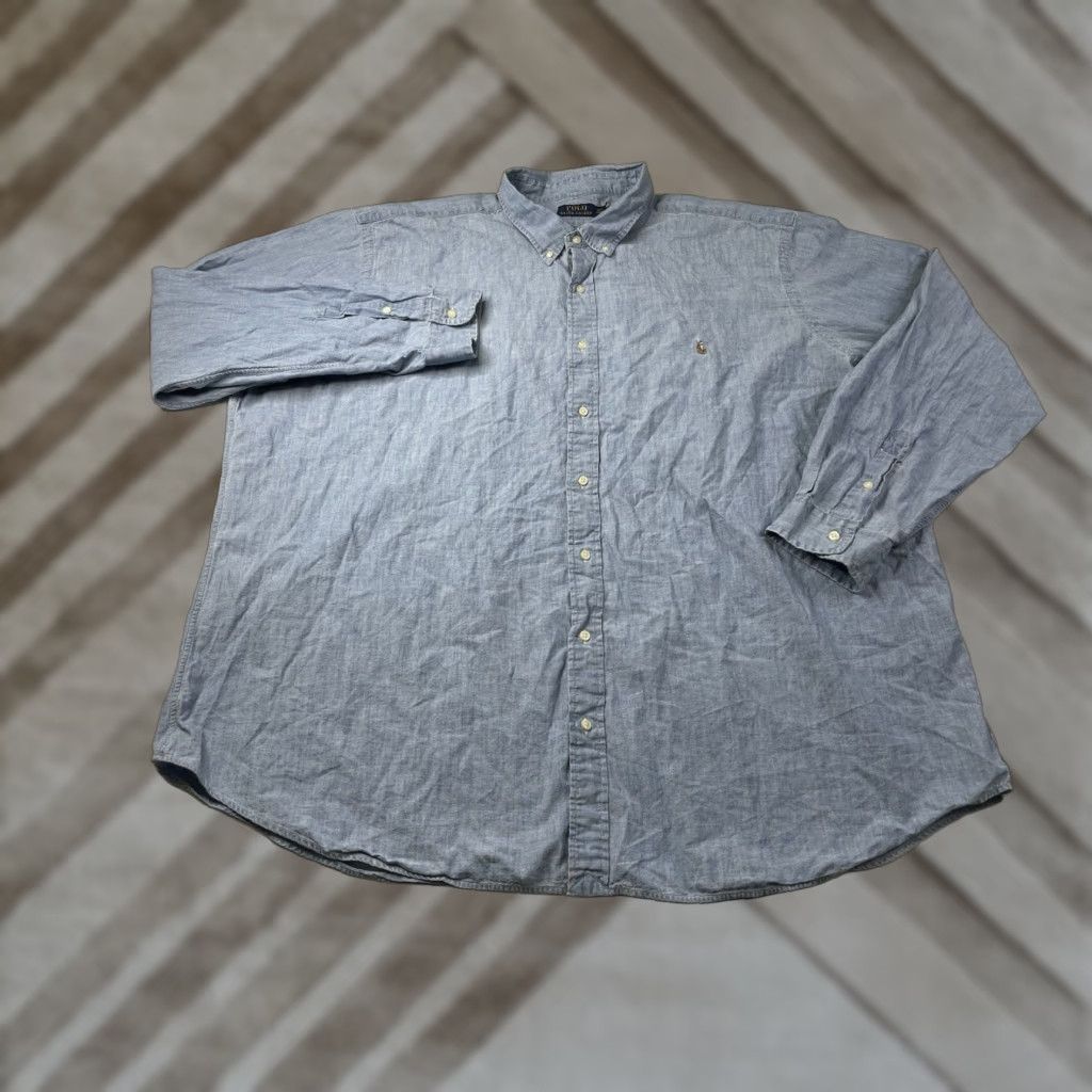 VINTAGE Ralph Lauren Polo Shirt Mens 4XLT Big & Tall Chambray Denim Button-Down Long Sleeve Blue Cotton Clothing Shirt
