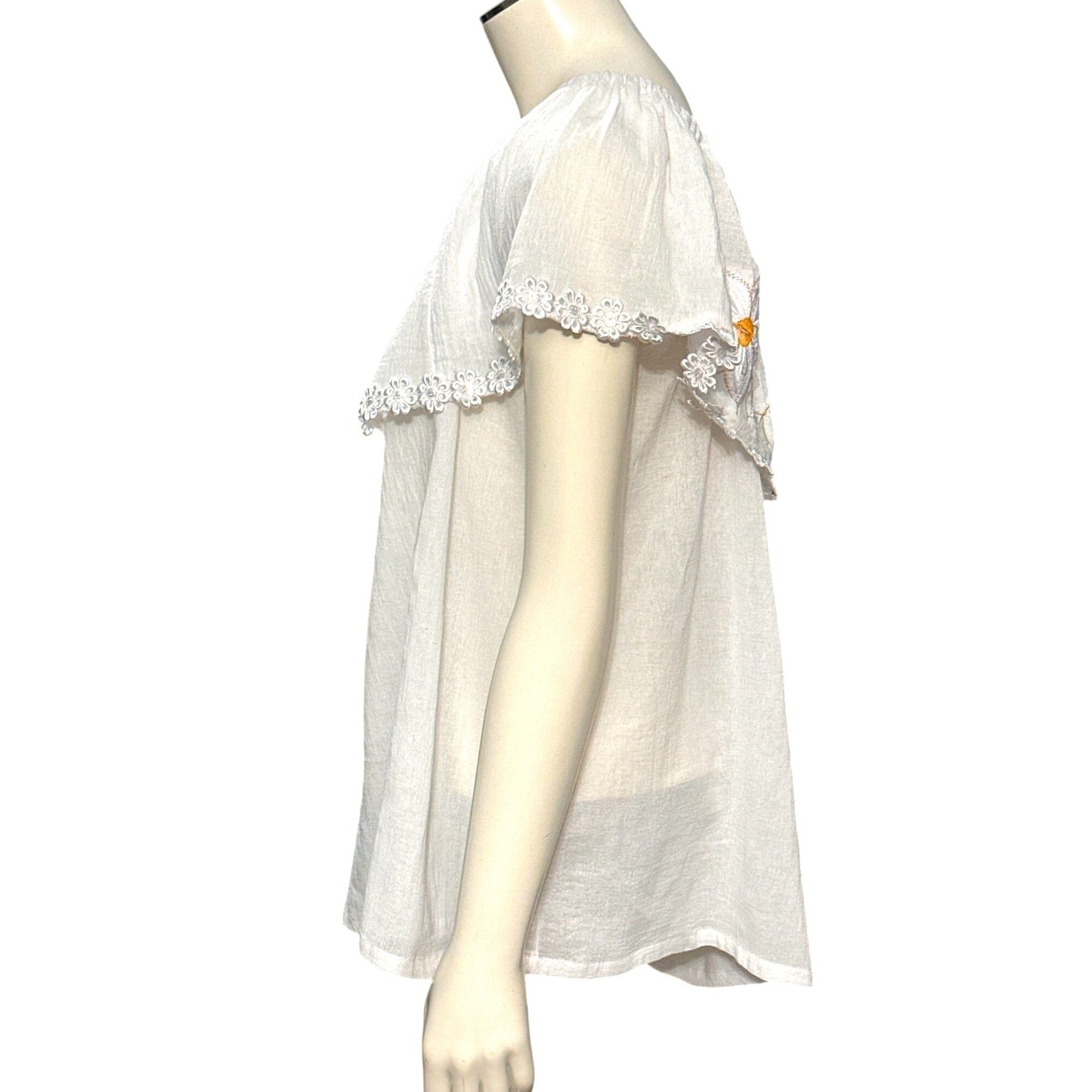 Other Handmade Off Shoulder White Cotton Blouse Floral Embroidery Size L / US 10 / IT 46 - 2 Thumbnail
