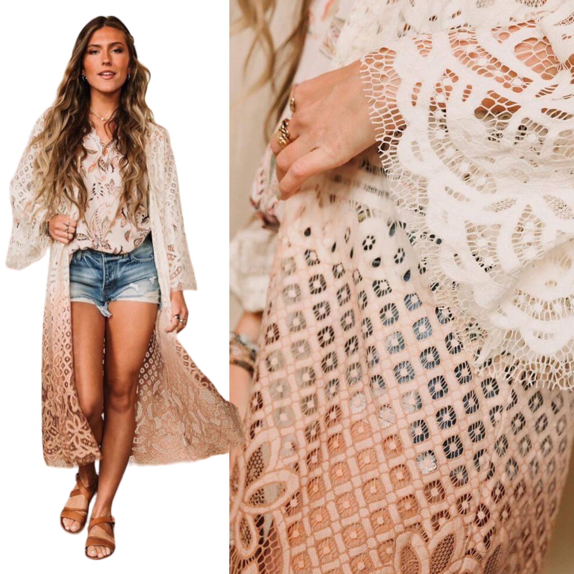 Designer Gimmick Cream Dip Dye Gradient Floral Lace Crochet Long Flya Size S / US 4 / IT 40 - 9 Thumbnail