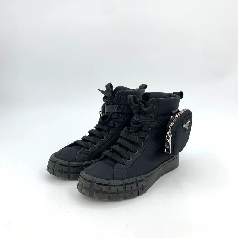 Prada Prada Black triangle pocket lacing casual flat high-top sh Size US 7 / IT 37 - 1 Thumbnail