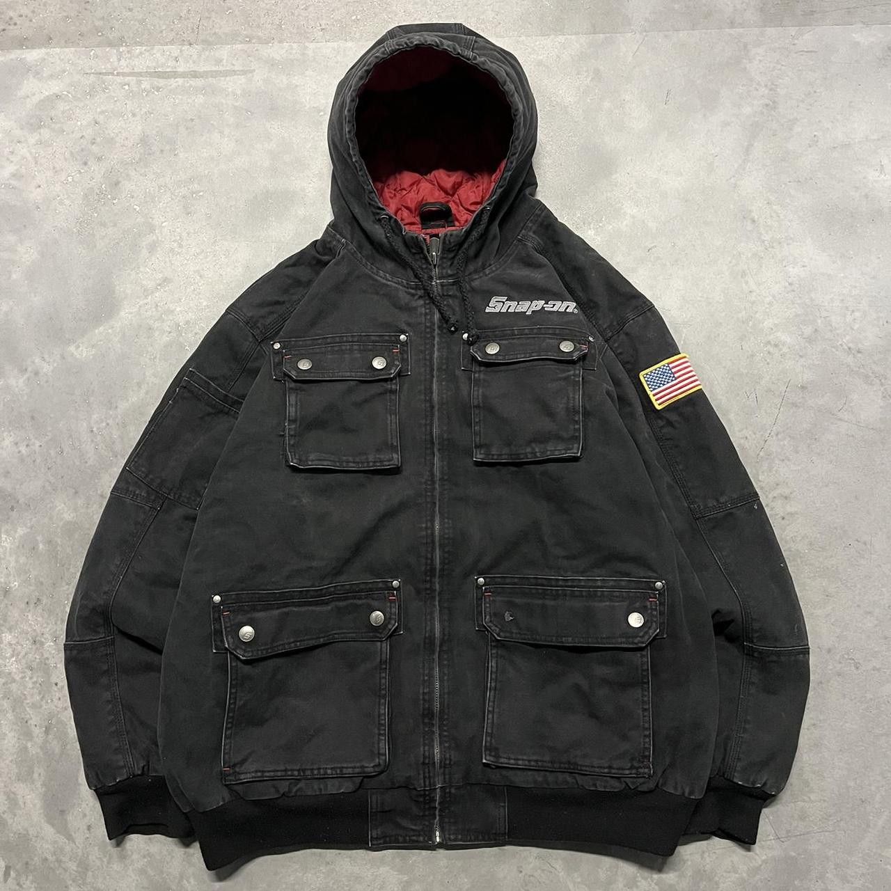 Carhartt Streetwear Vintage Crazy Vintage Faded Black Snap On Tools Multi Pocket Carhartt Style Insulated Workwear Heavyweight Hooded Zip Up Jacket Grailed