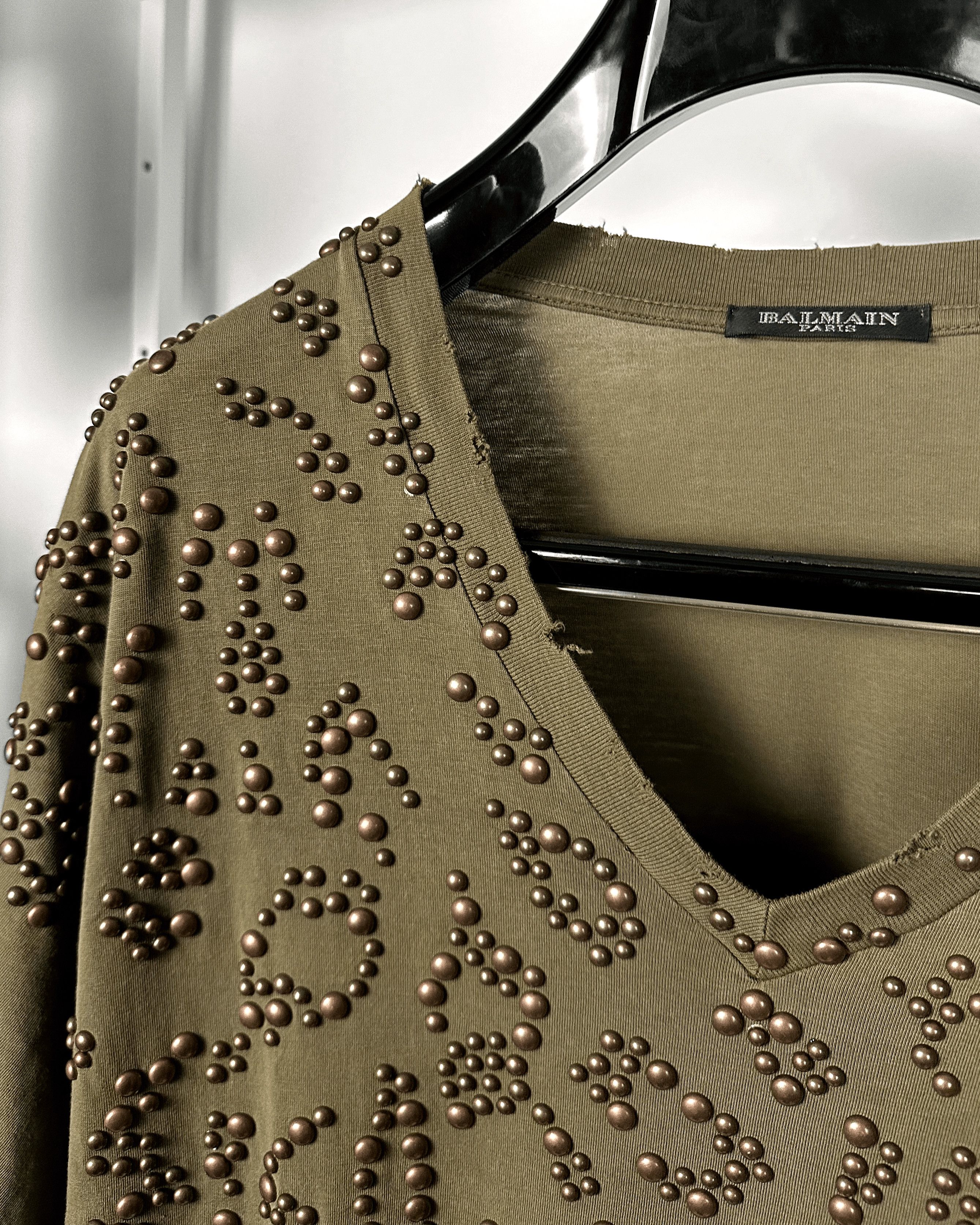 Balmain Balmain Studded Khaki T-Shirt Size US L / EU 52-54 / 3 - 5 Thumbnail
