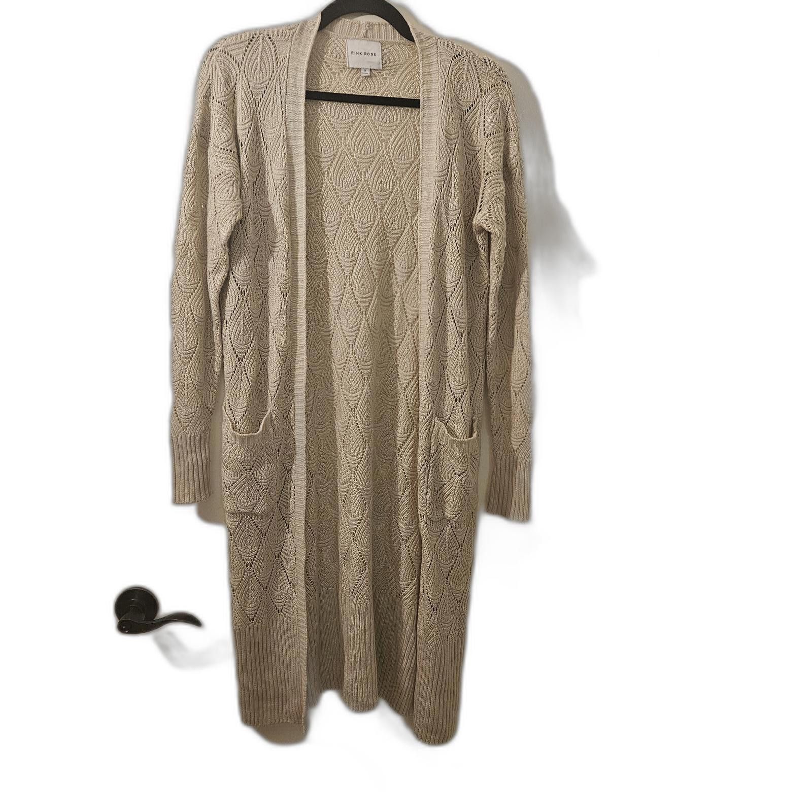 Designer Pink Rose Long Beige Knit Cardigan - Women's Size S Size S / US 4 / IT 40 - 1 Thumbnail