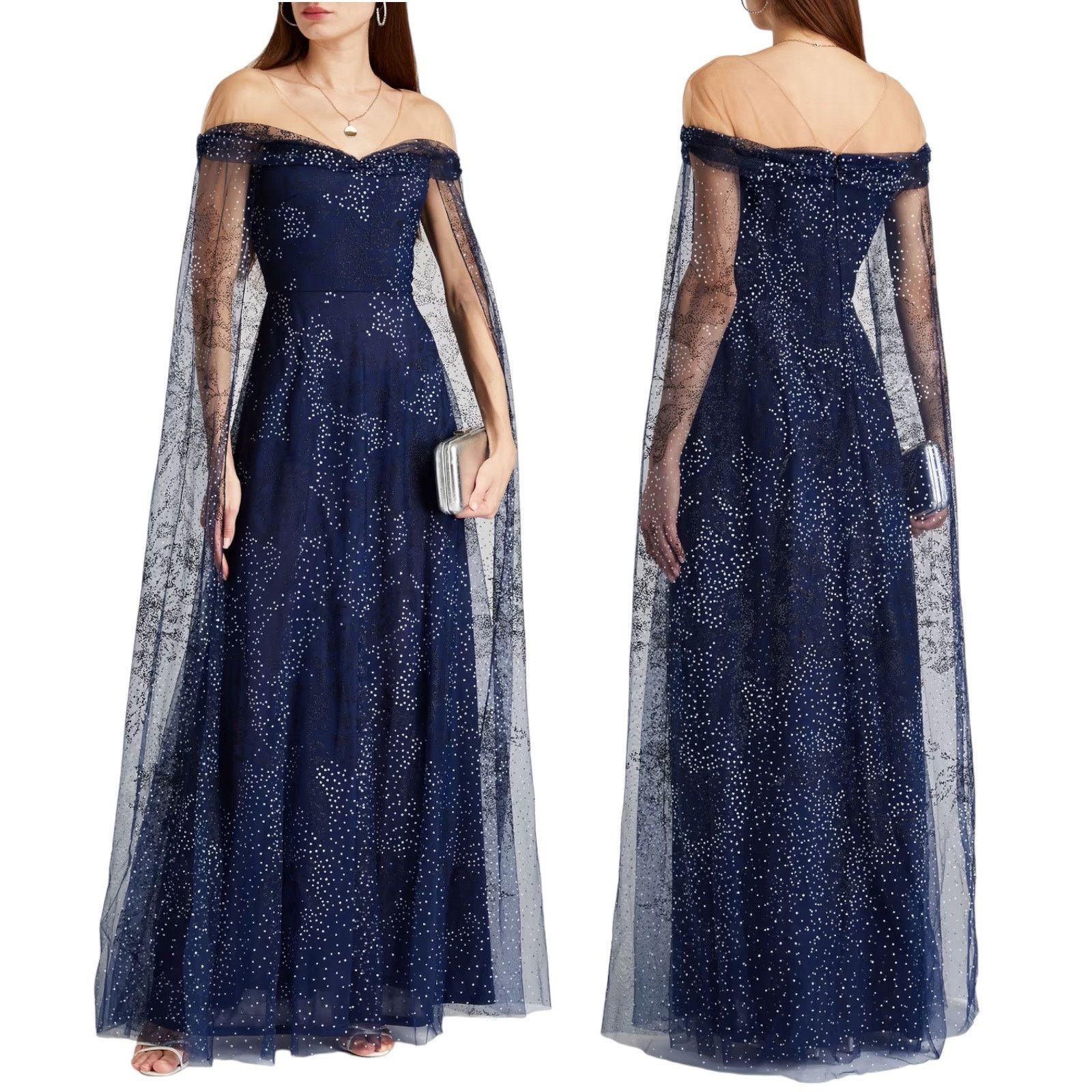 Marchesa Notte Tulle Overlay Cape Embellished Gown Size 0