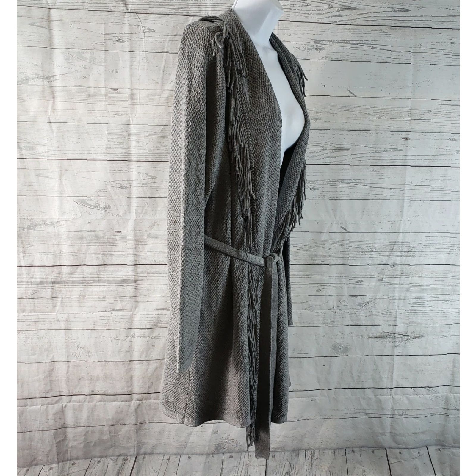 J. Jill J Jill Cardigan Shirt Womens Belted Gray Fringe Cotton Blend Large Petite, Knits, Long Sleeve, Size PL, Size L / US 10 / IT 46 - 3 Thumbnail