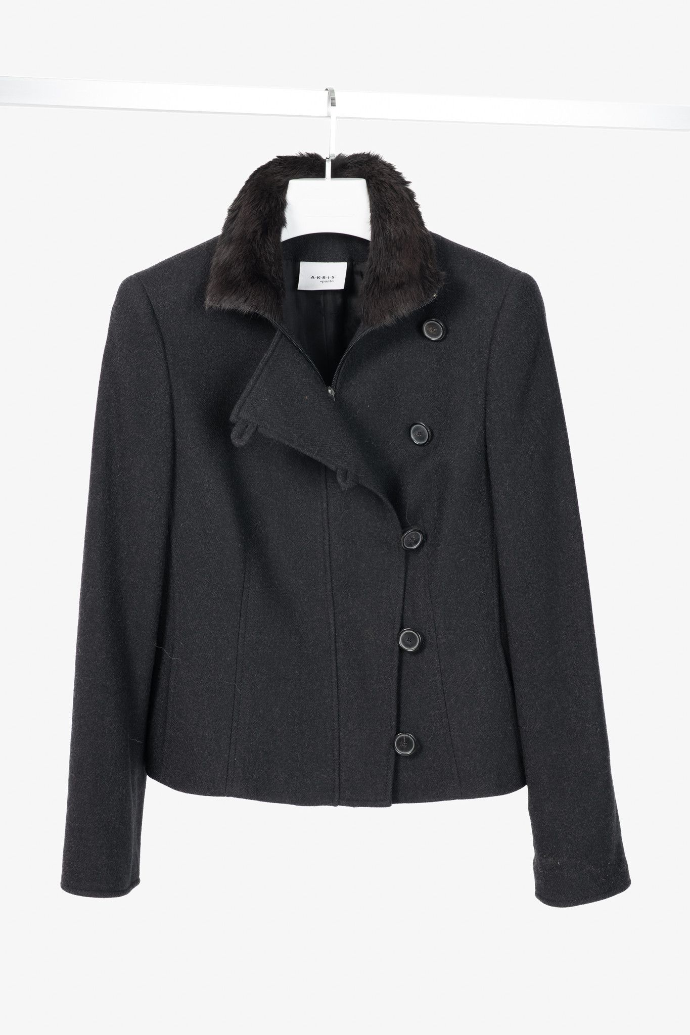 Akris Akris Punto Wool Herringbone-Flannel Fur-Collar Jacket Size L / US 10 / IT 46 - 1 Thumbnail