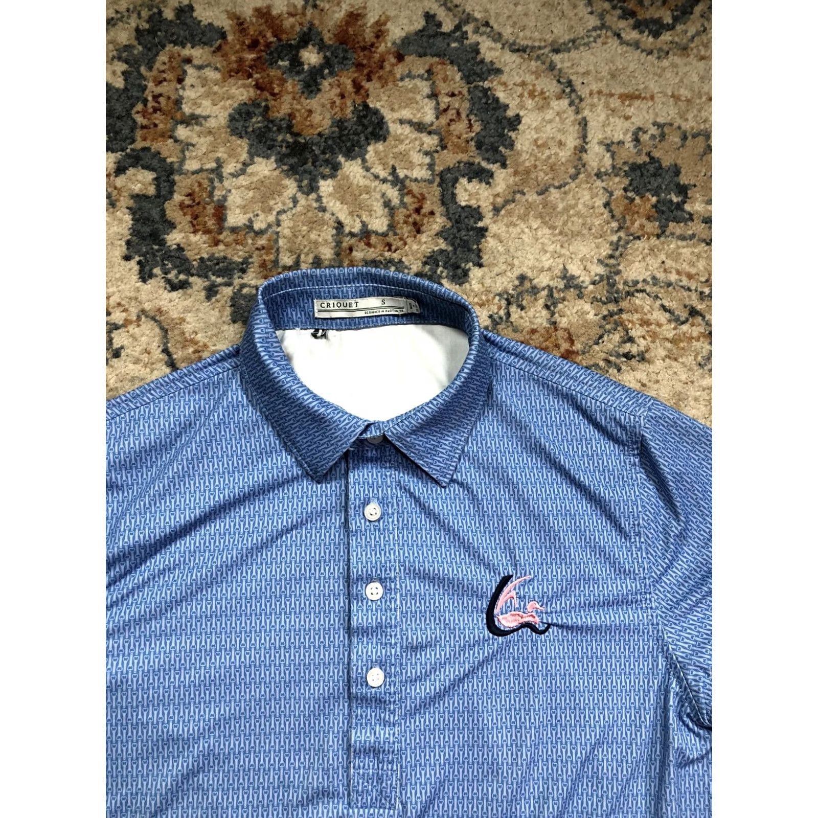 Vintage Criquet Polo Shirt Mens S Blue Geometric All Over Print Performance Golf Tee Shirt Size US S / EU 44-46 / 1 - 2 Thumbnail