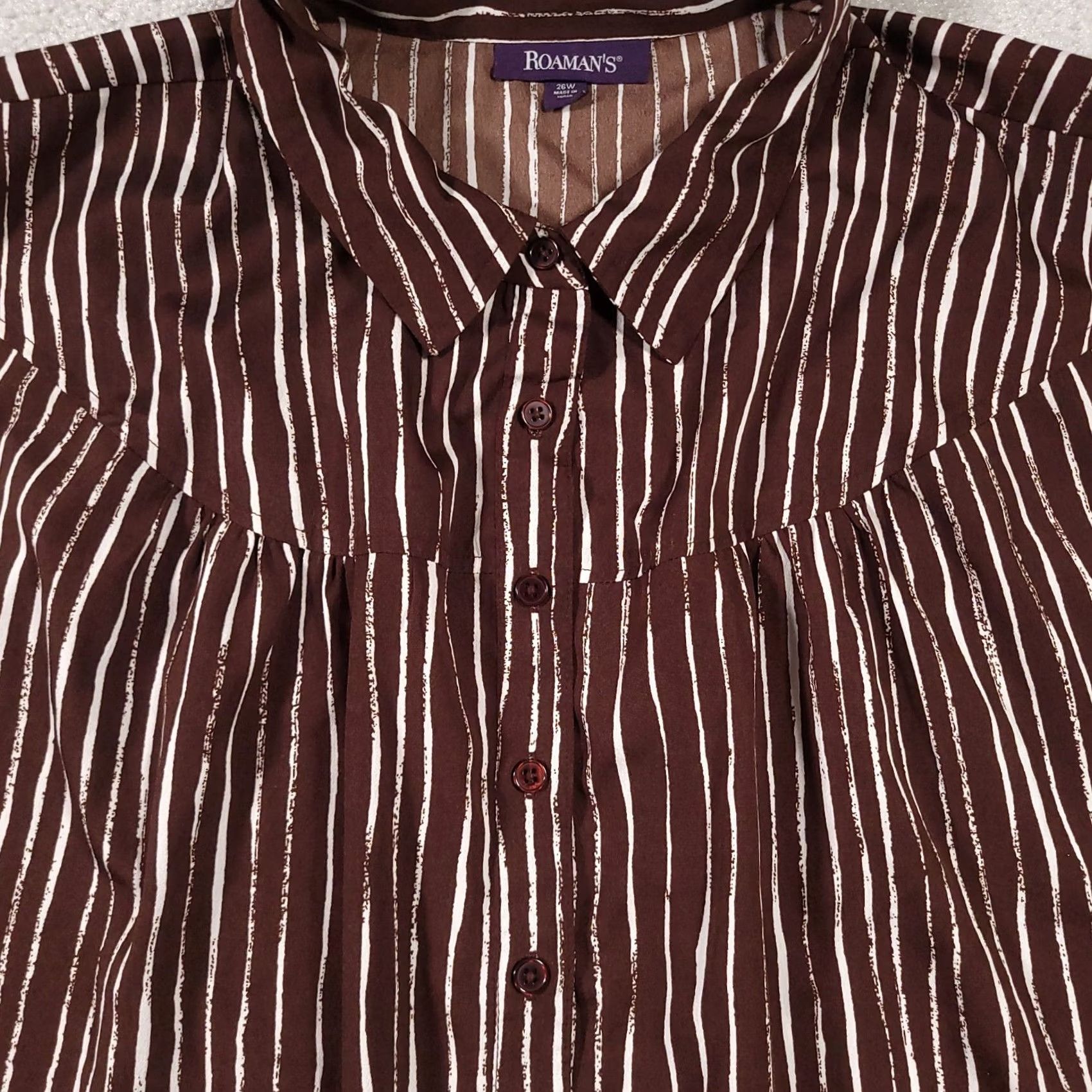 Vintage Roamans Button Up Shirt Women's 26W Brown Striped Short Sleeve Collared Casual Size 4XL / US 24-26 - 4 Thumbnail
