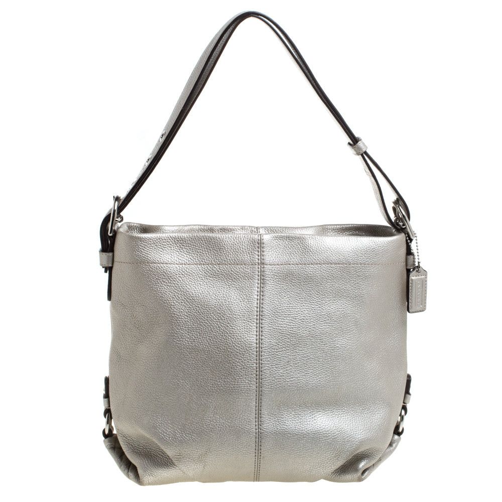 image of Coach Metallic Silver Leather Duffle Hobo in Black, Women's