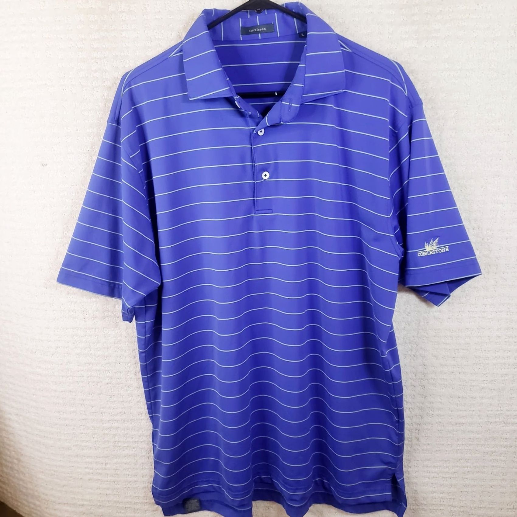 Vintage Turtleson Polo Shirt Mens Large Striped Purple Cobblestone Logo Golf Performance Short Sleeve Size US L / EU 52-54 / 3 - 2 Thumbnail
