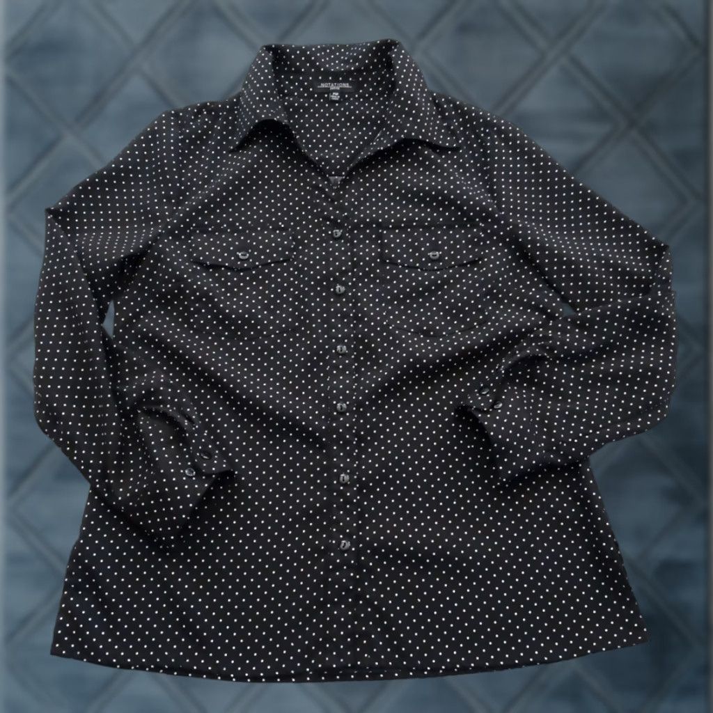 Vintage Notations Petite Shirt Womens PM Black Polka Dot Long Sleeve Button-Up Collared Pocketed NM Size M / US 6-8 / IT 42-44 - 1 Thumbnail