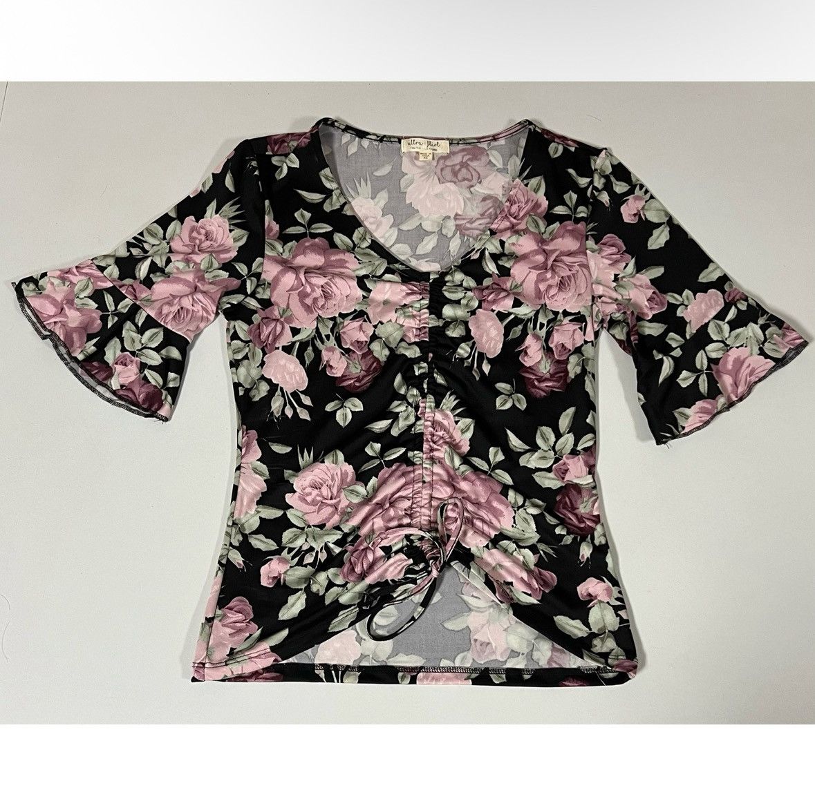 Vintage Ultra Flirt Black Purple Floral Ruched Shirt Top Blouse XS🪻✨ Size XS / US 0-2 / IT 36-38 - 2 Thumbnail
