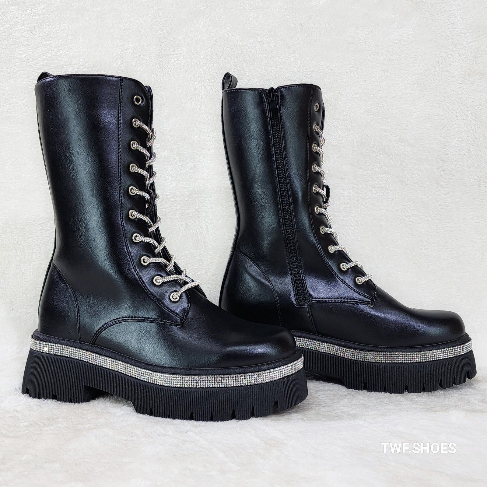 Other Combat Sparkle Mid Calf Rhinstone Platform & Laces Biker Gla Size US 6.5 / IT 36.5 - 5 Thumbnail