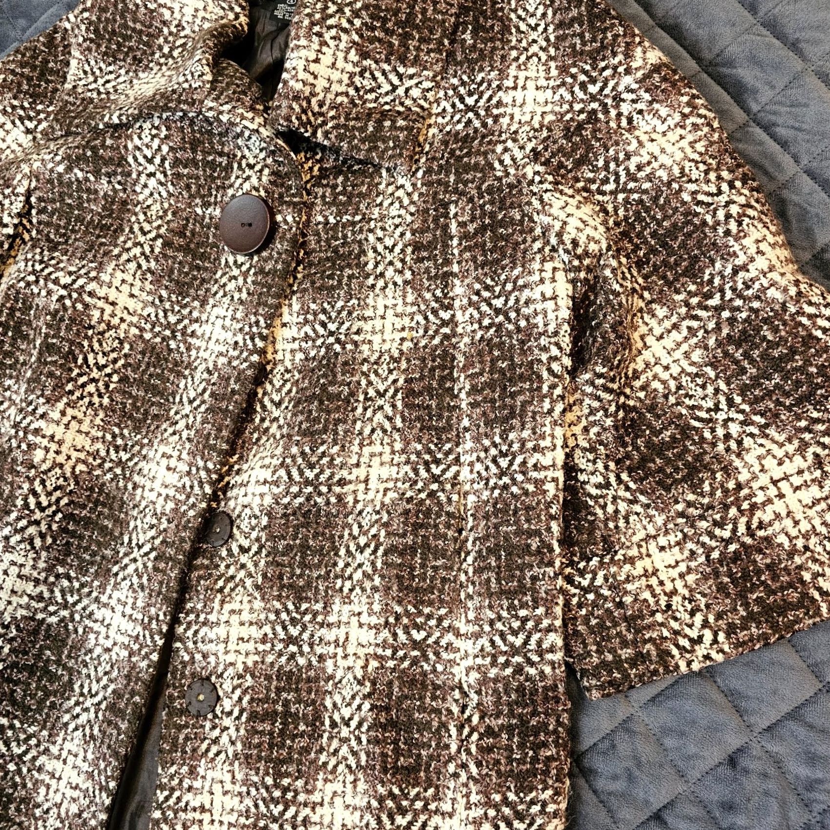 Vintage VINTAGE Focus 2000 Women's Jacket Plaid Brown Knit 3/4 Sleeve Open Collar Pockets Faux Leather Trim Mid-Length Size 4 Brown Womens Size S / US 4 / IT 40 - 4 Thumbnail