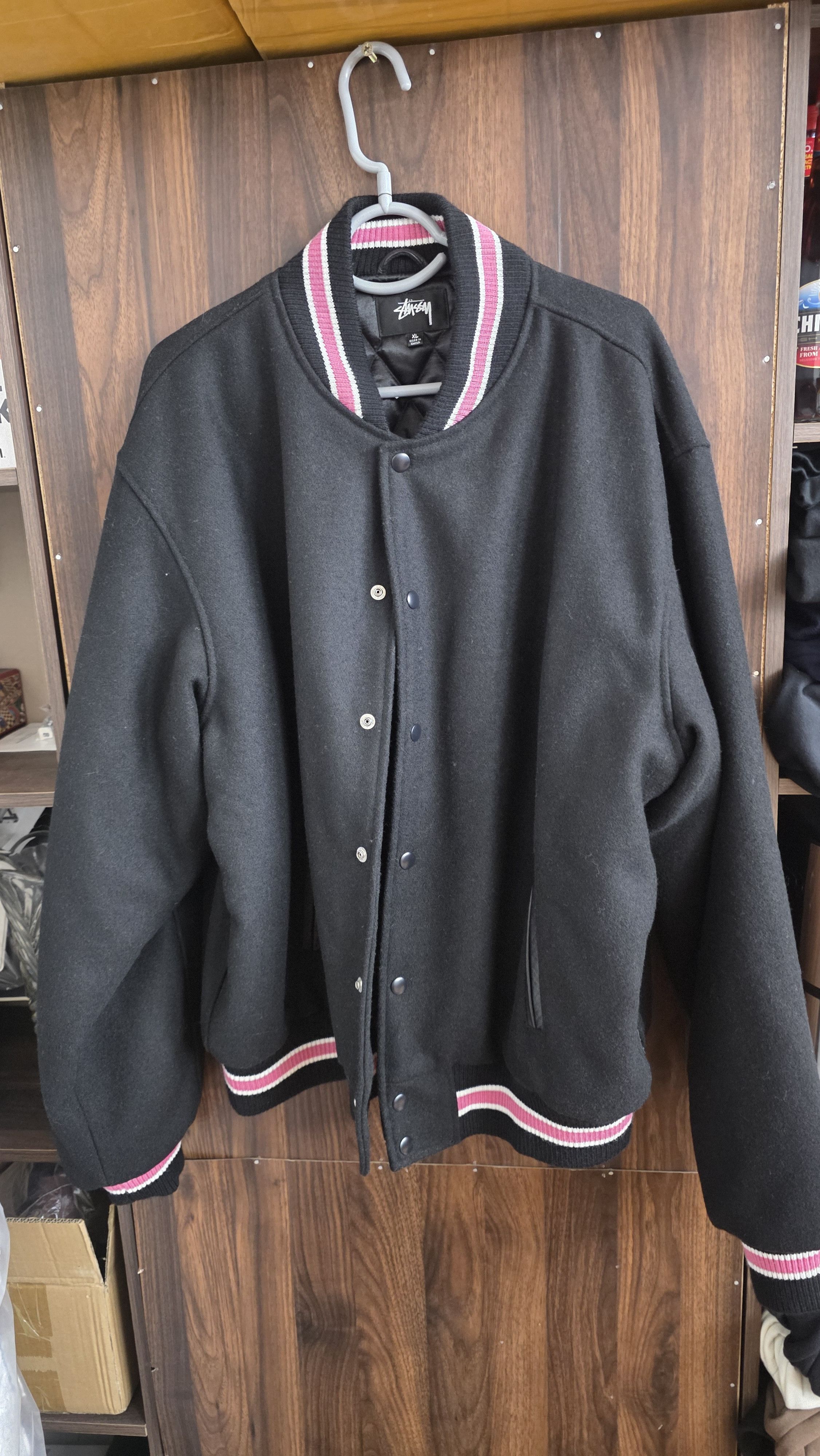 Stussy Stussy S Talk Melton Varsity Jacket 'Black' Size US XL / EU 56 / 4 - 2 Thumbnail