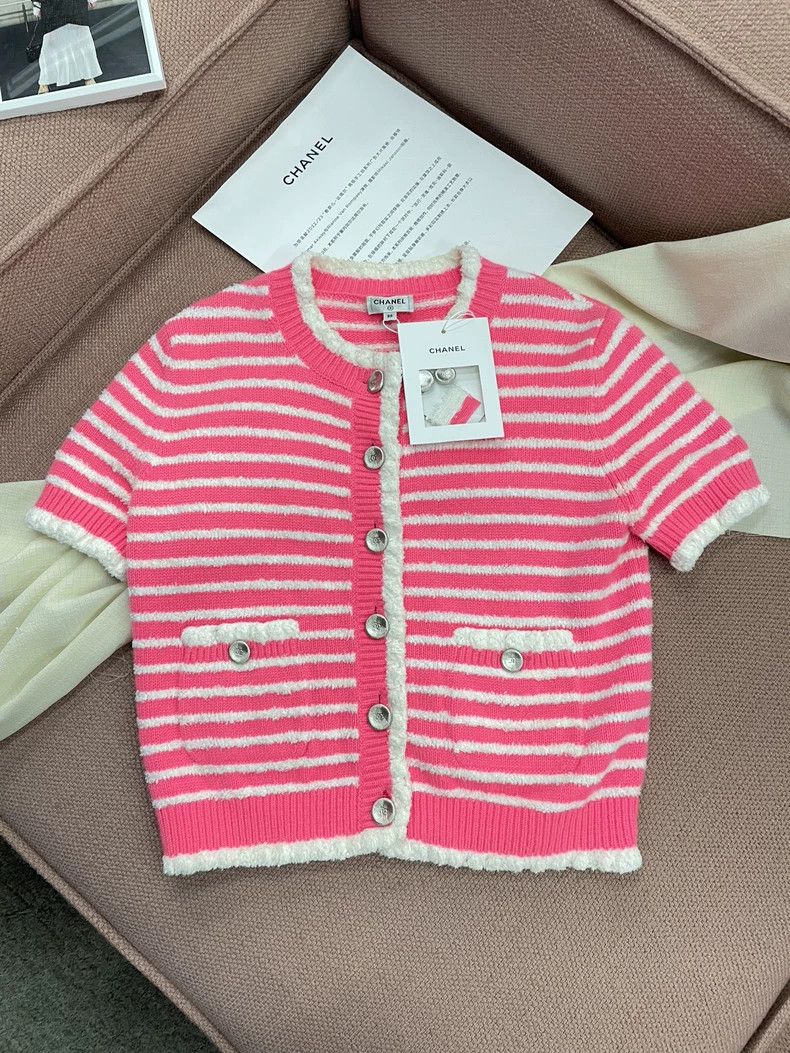 Chanel Pink Striped Short Sleeve Knit Top - dmc