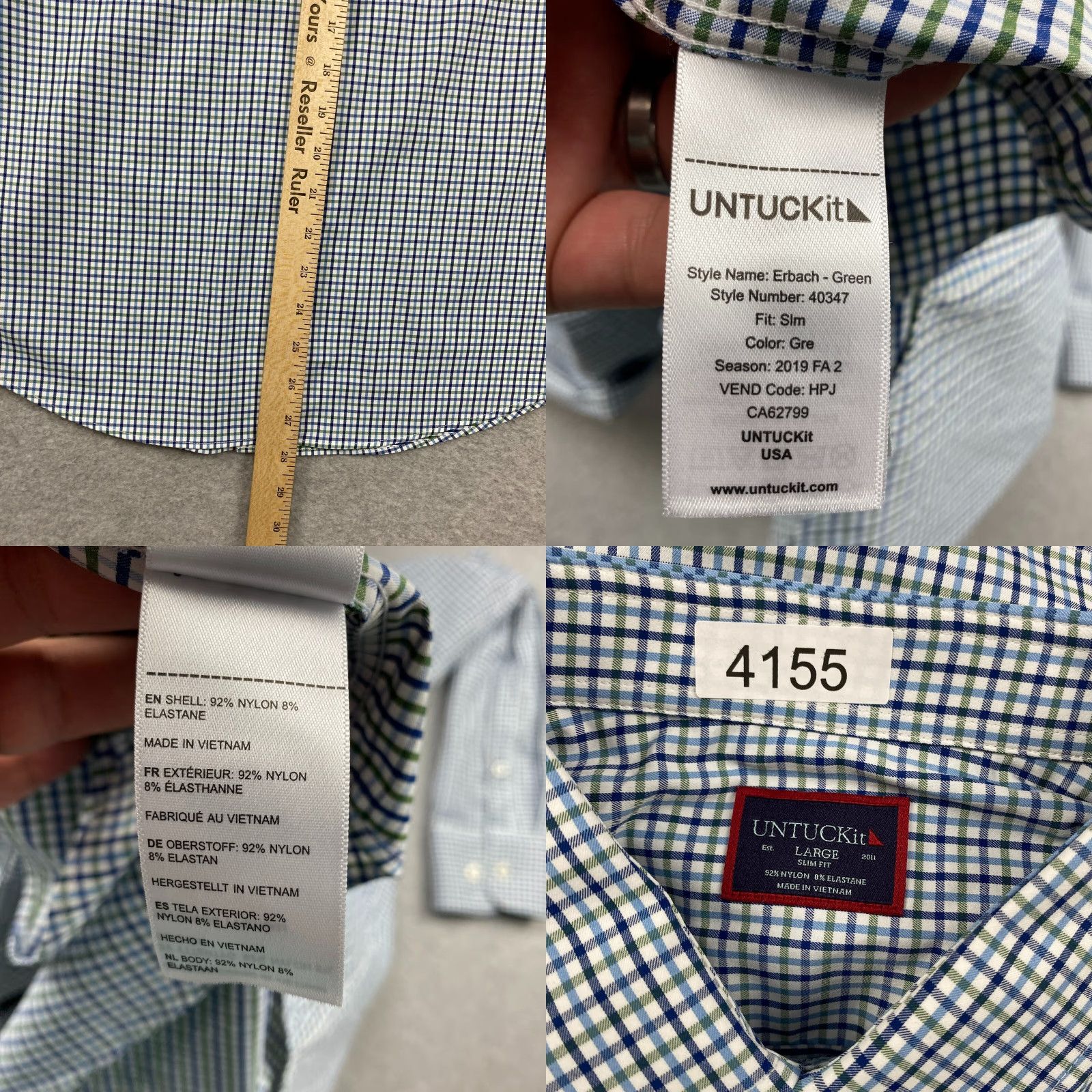 UNTUCKit UNTUCKit Button-Up Shirt Mens Large Check Slim Nylon Stretch Long Sleeve Size US L / EU 52-54 / 3 - 8 Thumbnail