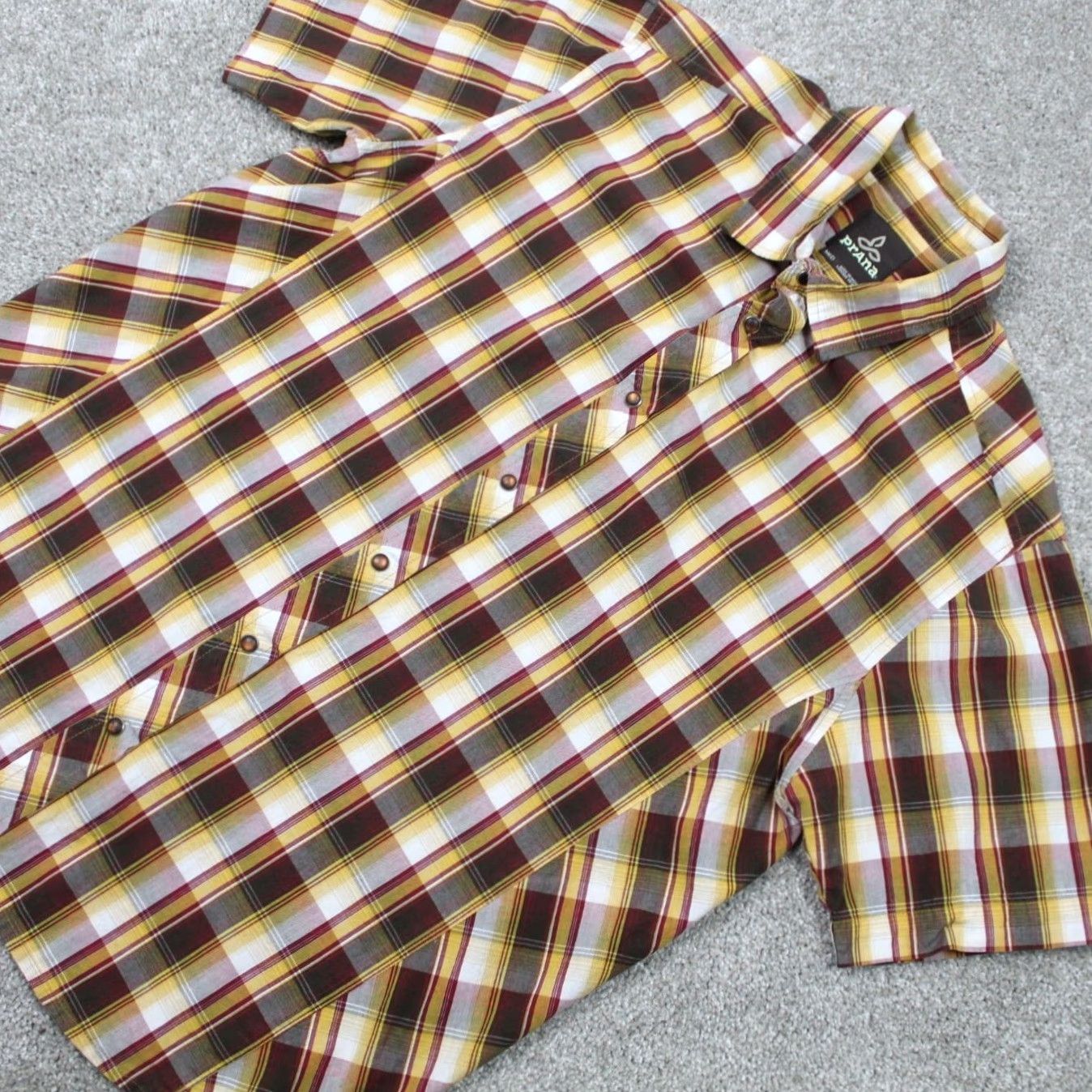 Prana prAna Pearl Snap Shirt Mens M Brown/Yellow/Red/Black S/S Organic Cotton Shirt Size US M / EU 48-50 / 2 - 3 Thumbnail
