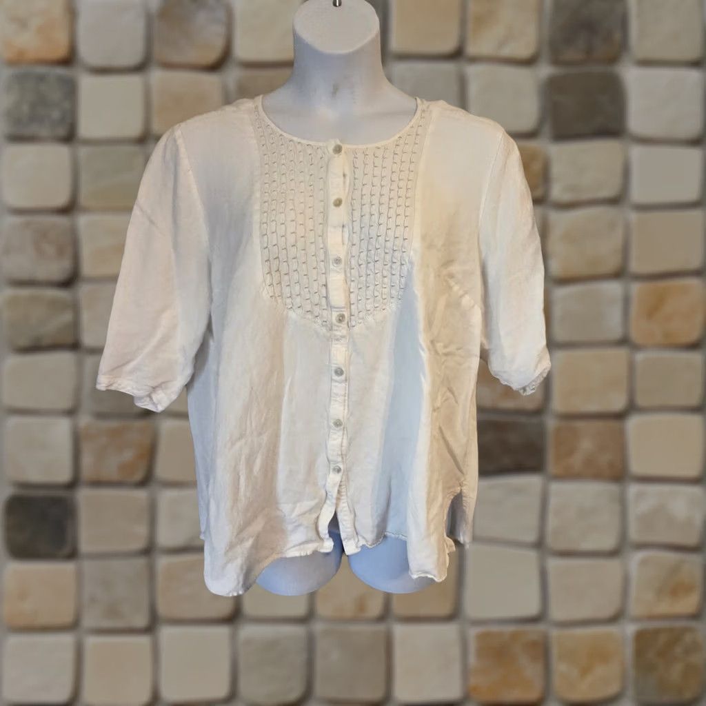 Vintage Maggie Barnes For Catherines White Pleated Trim Linen Button Down Top Boho 1X Size XL / US 12-14 / IT 48-50 - 1 Thumbnail