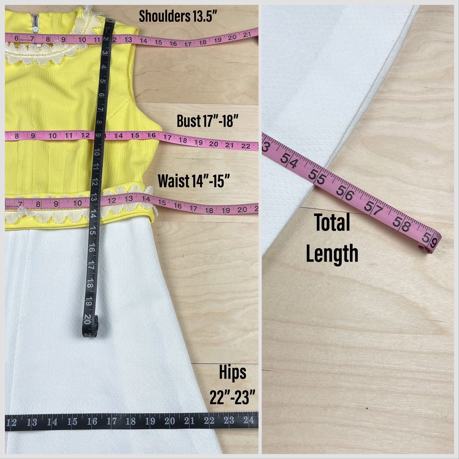 Vintage 1960s Yellow and White Sleeveless A-line Maxi Prom Dress Size M / US 6-8 / IT 42-44 - 7 Thumbnail