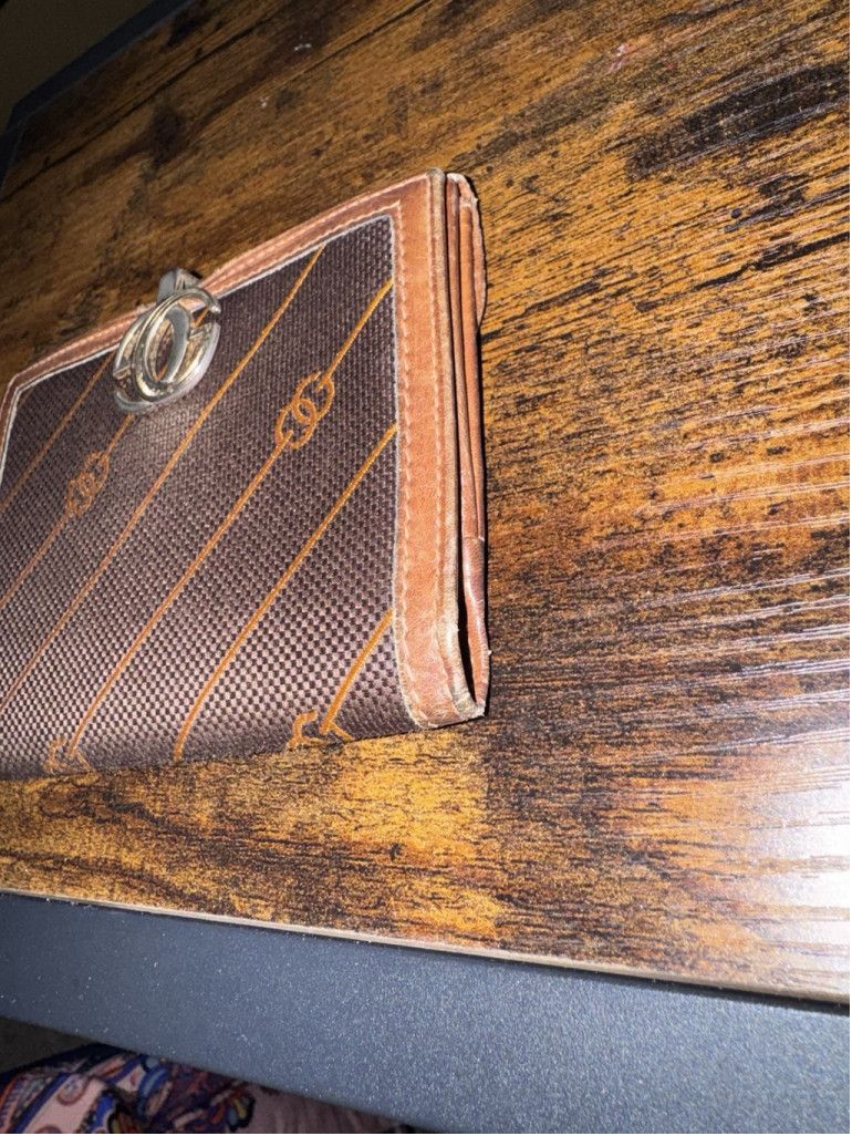 Gucci Diagonal Striped Canvas Leather Trim Bifold 70’s 80’s