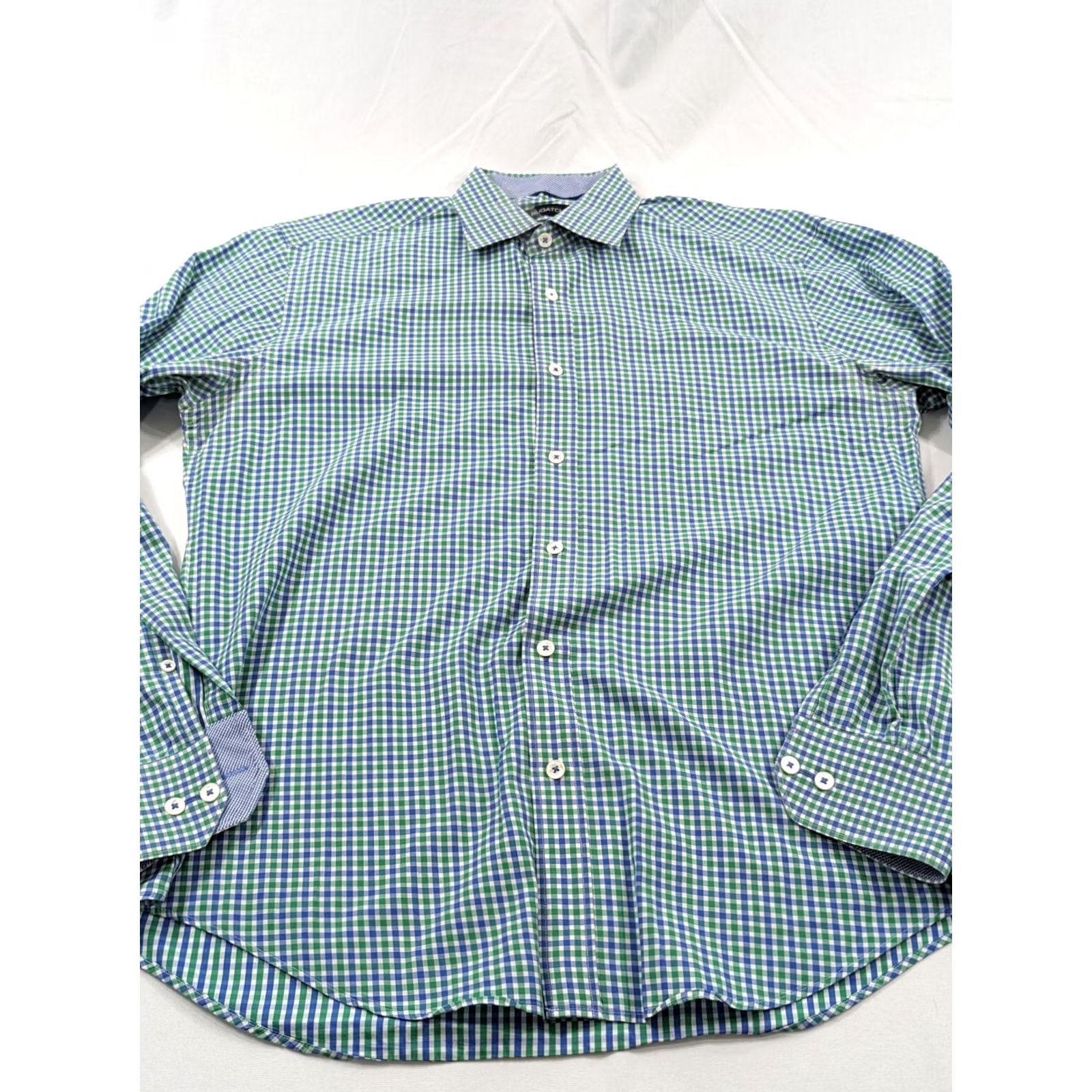 BUGATCHI Bugatchi Mens Shirt Blue Green Medium Stretch Nylon Plaid Button-Up Collared Long Sleeve Cuffed Size US M / EU 48-50 / 2 - 3 Thumbnail