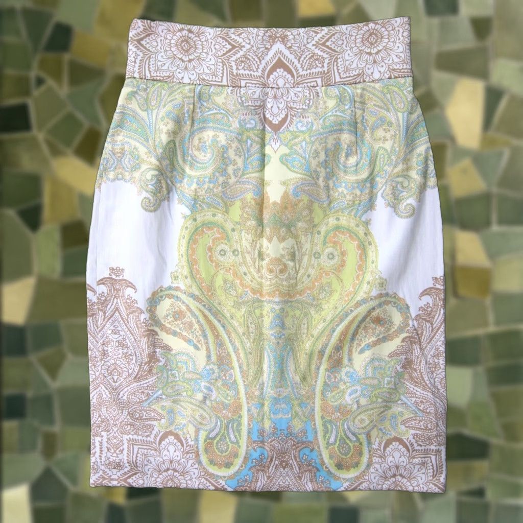 Vintage Antonio Melania Cotton Stretch Paisley Pencil Straight Skirt 2 Green Brown White Size 26" / US 2 / IT 38 - 1 Thumbnail