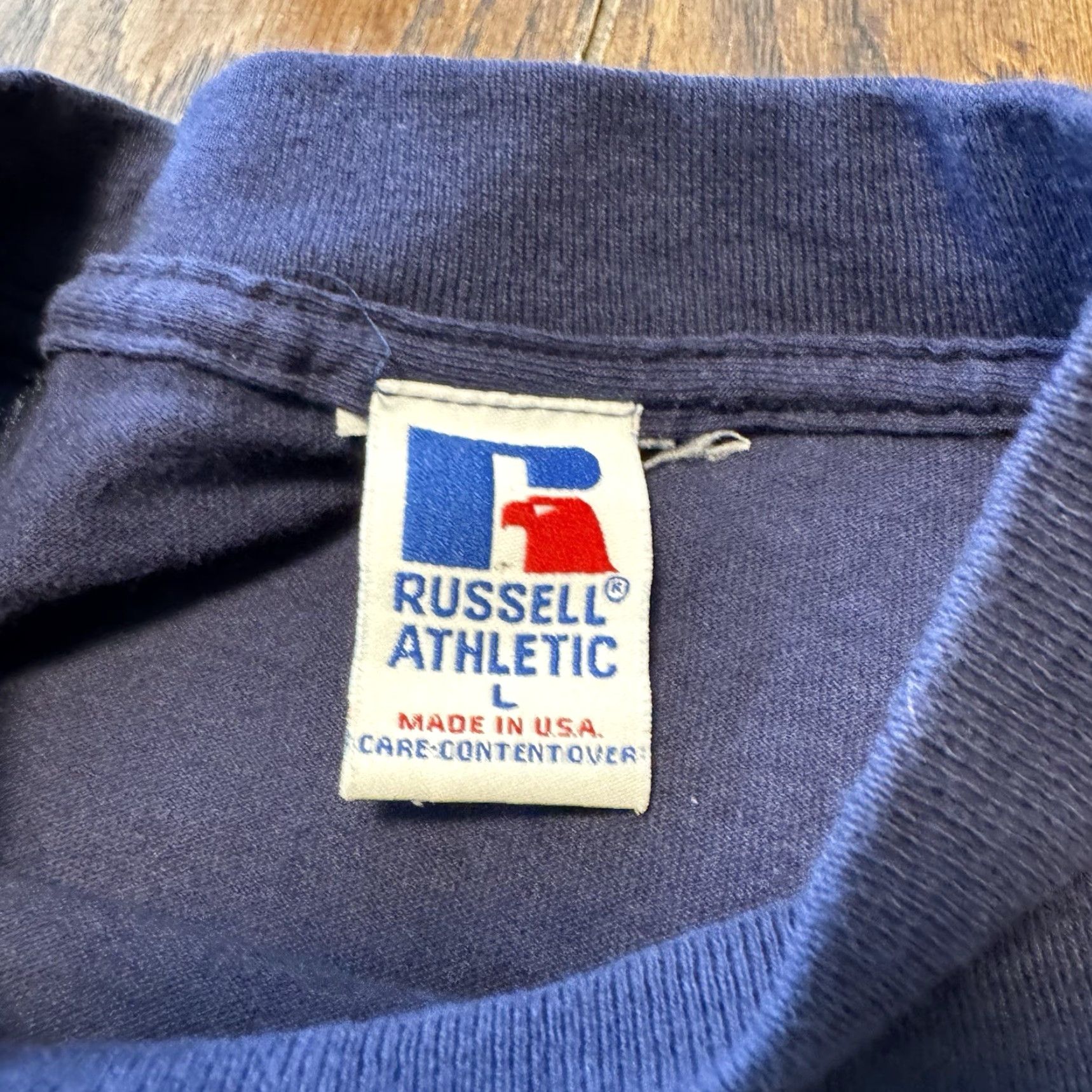 Russell Athletic VINTAGE Russell Athletic T-Shirt BLUE Large 90s USA Made Short Sleeve Crew Neck Logo Graphic Print Mens | Russell Athletic | 90s Theme Size US L / EU 52-54 / 3 - 4 Thumbnail