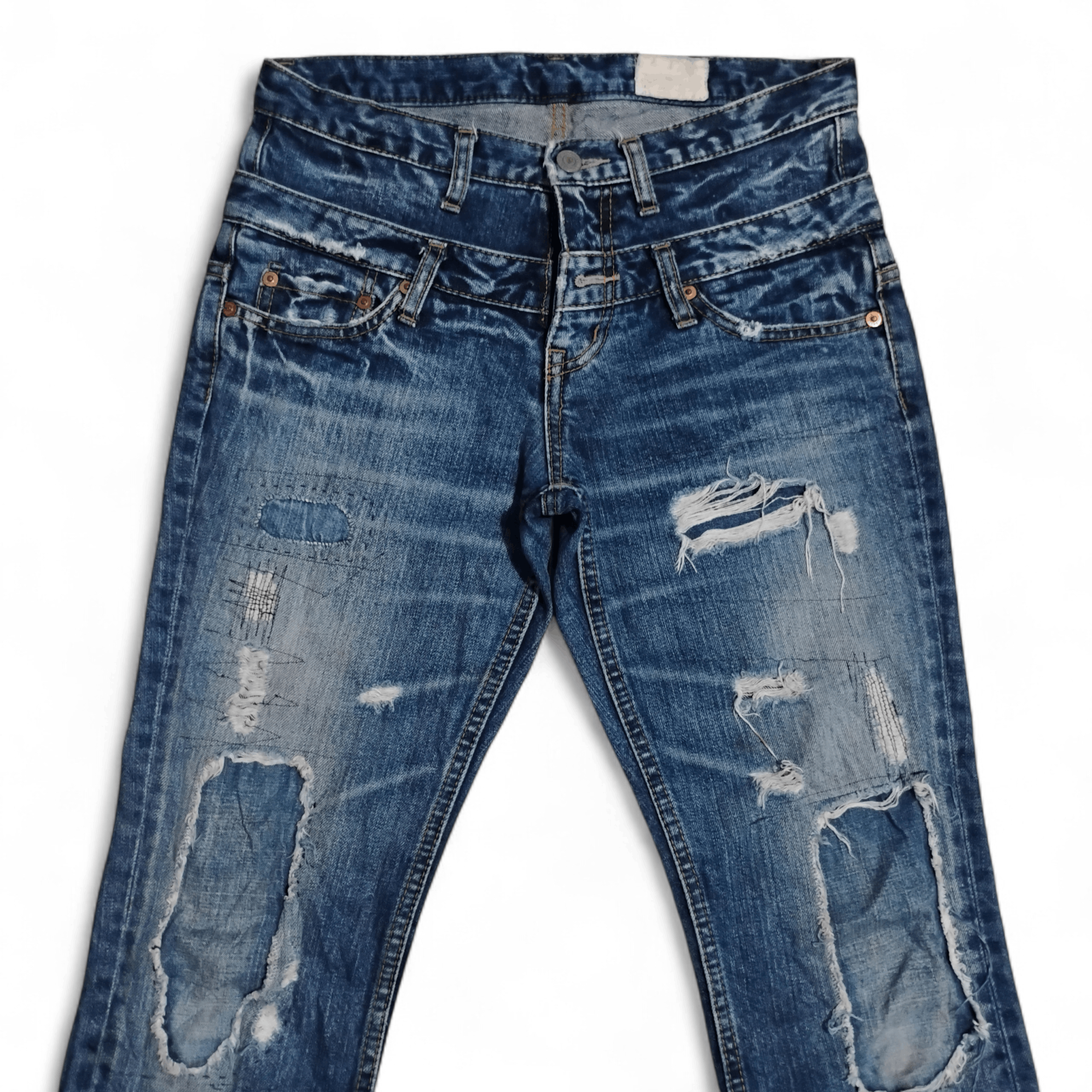 Japanese Brand Antgauge Double Waist Patchwork Ripped Distressed Jeans Size 29" - 3 Thumbnail