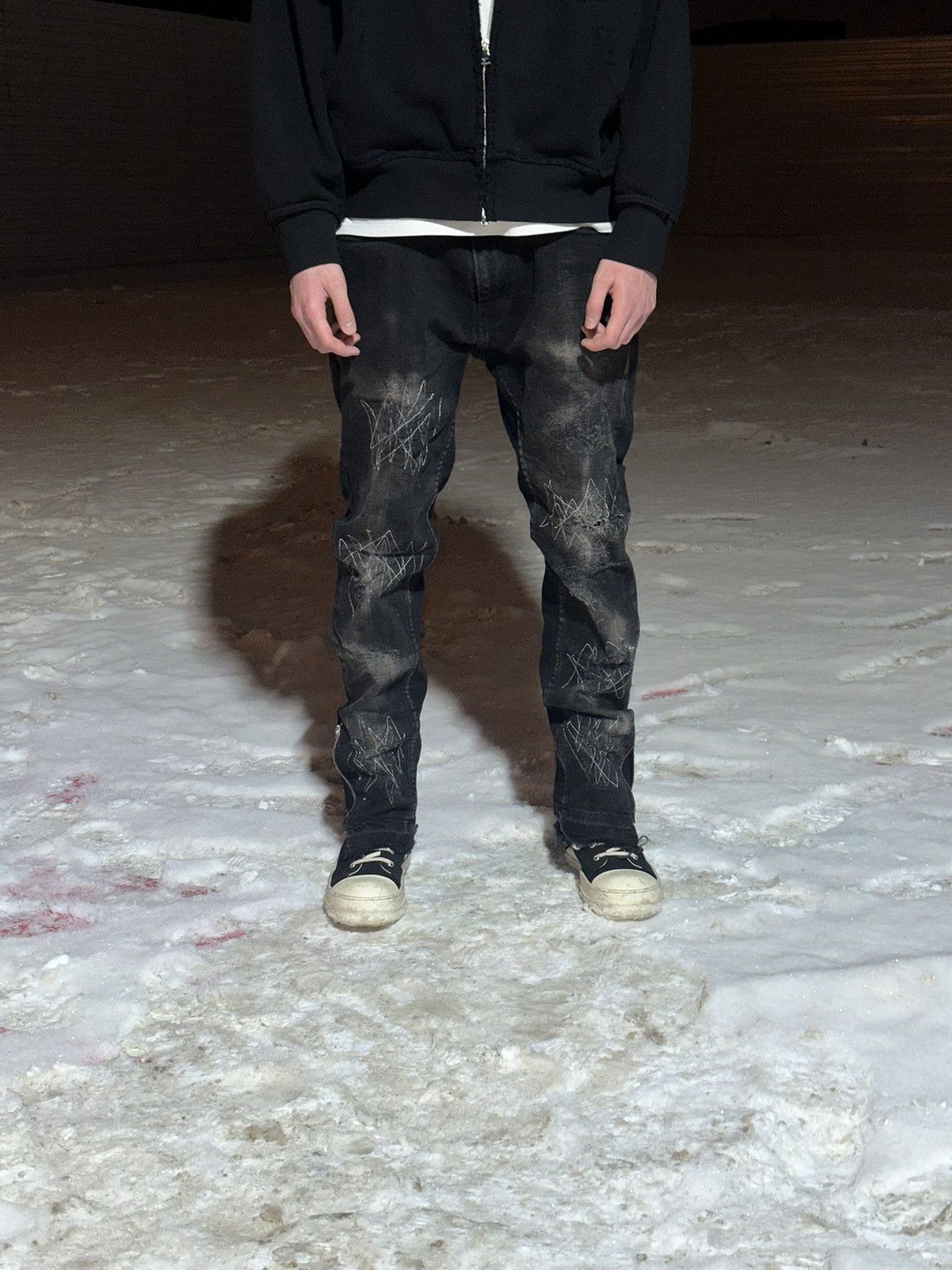Japanese Brand Black Bleached Distressed and Repaired Zipper Flared Denim Size US 35 - 1 Thumbnail