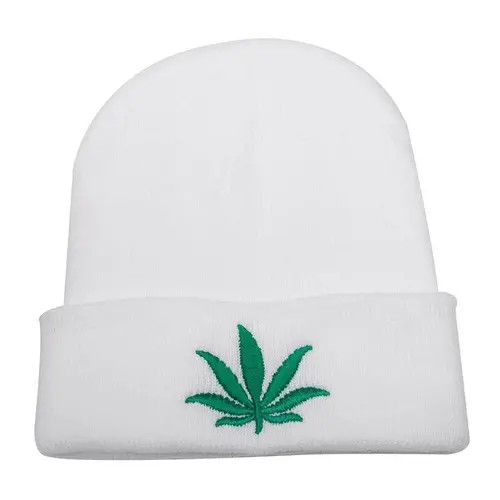 image of Hats White Color Weed Leaf Beanie Hat, Men's