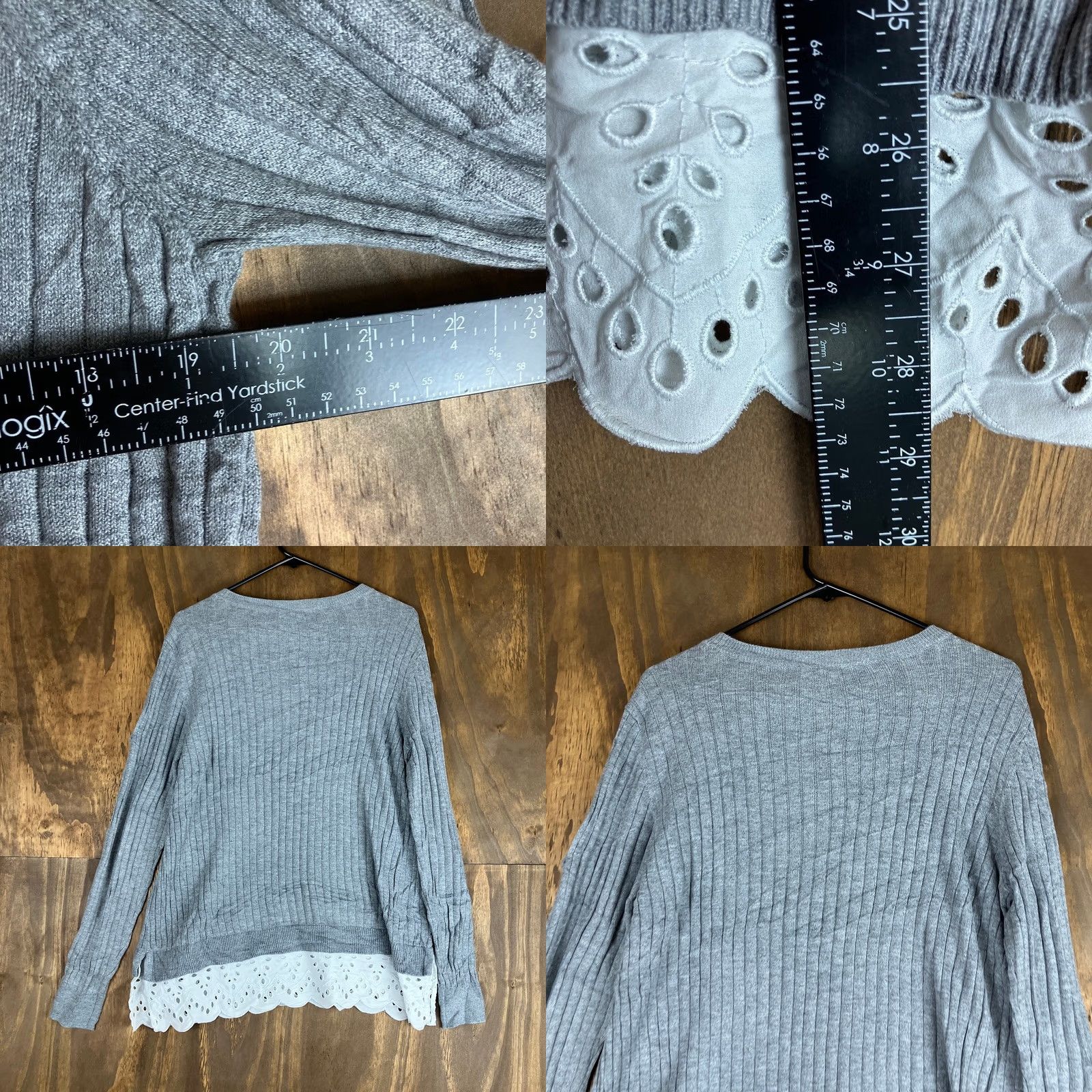 Loft LOFT Womens Sweater Gray White Ribbed Lace Trim Crew Neck Long Sleeve Large Size L / US 10 / IT 46 - 8 Thumbnail
