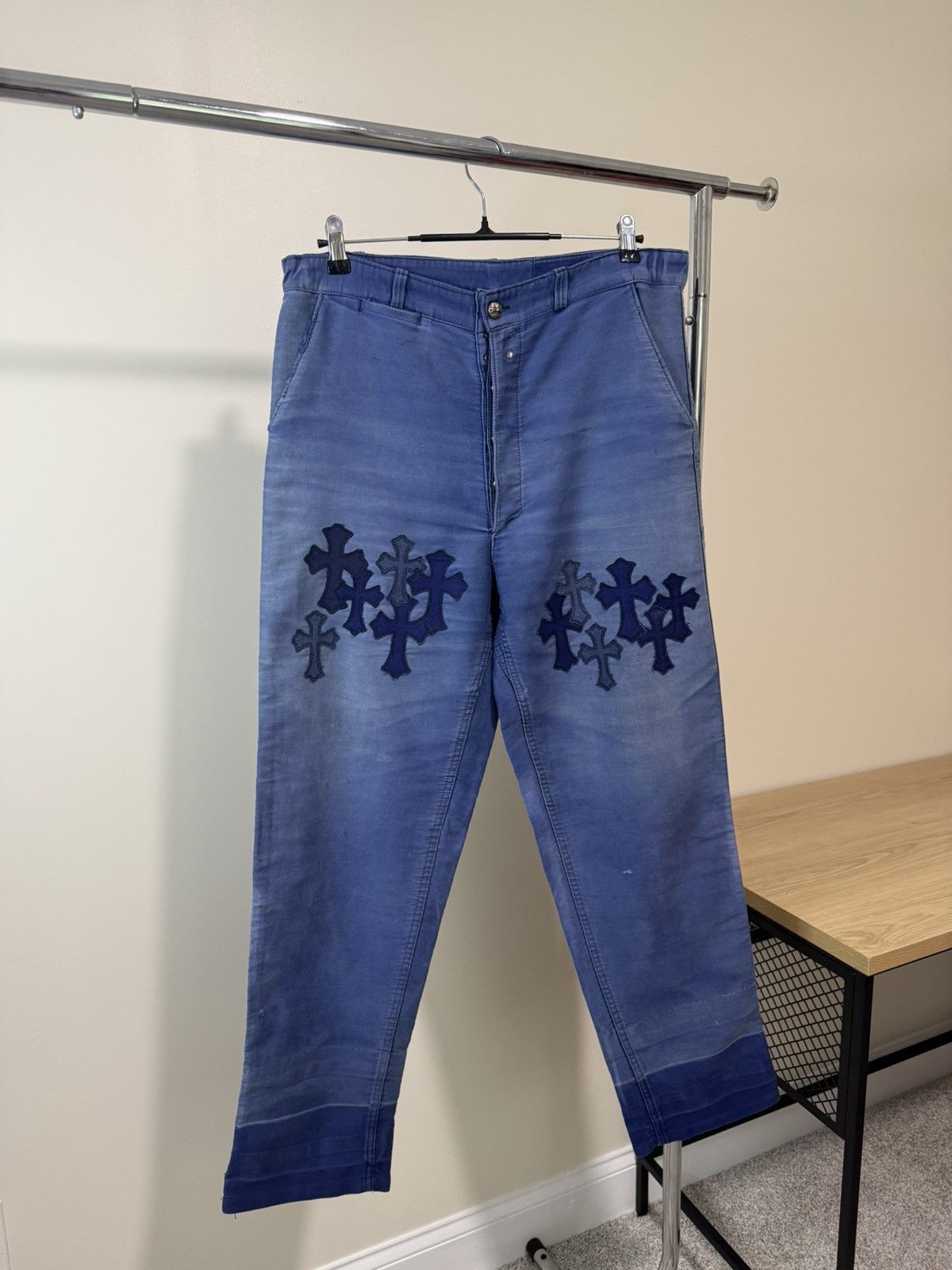 Chrome Hearts Chrome Hearts Blue French Workwear Cross Patch Pants Size US 33 - 1 Thumbnail