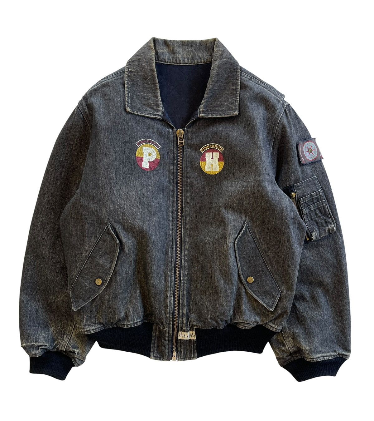 Pink House 1980s Washed Black Denim Bomber Jacket Size US XL / EU 56 / 4 - 4 Thumbnail