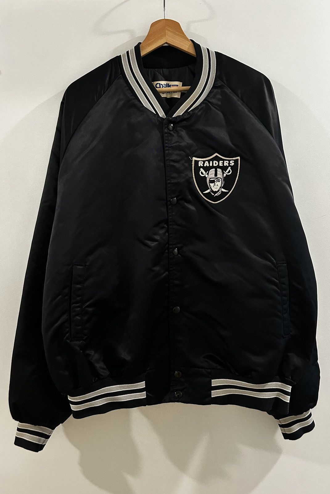 image of Vintage 90's Oakland Raiders Chalk Line Jacket in Black, Men's (Size 2XL)